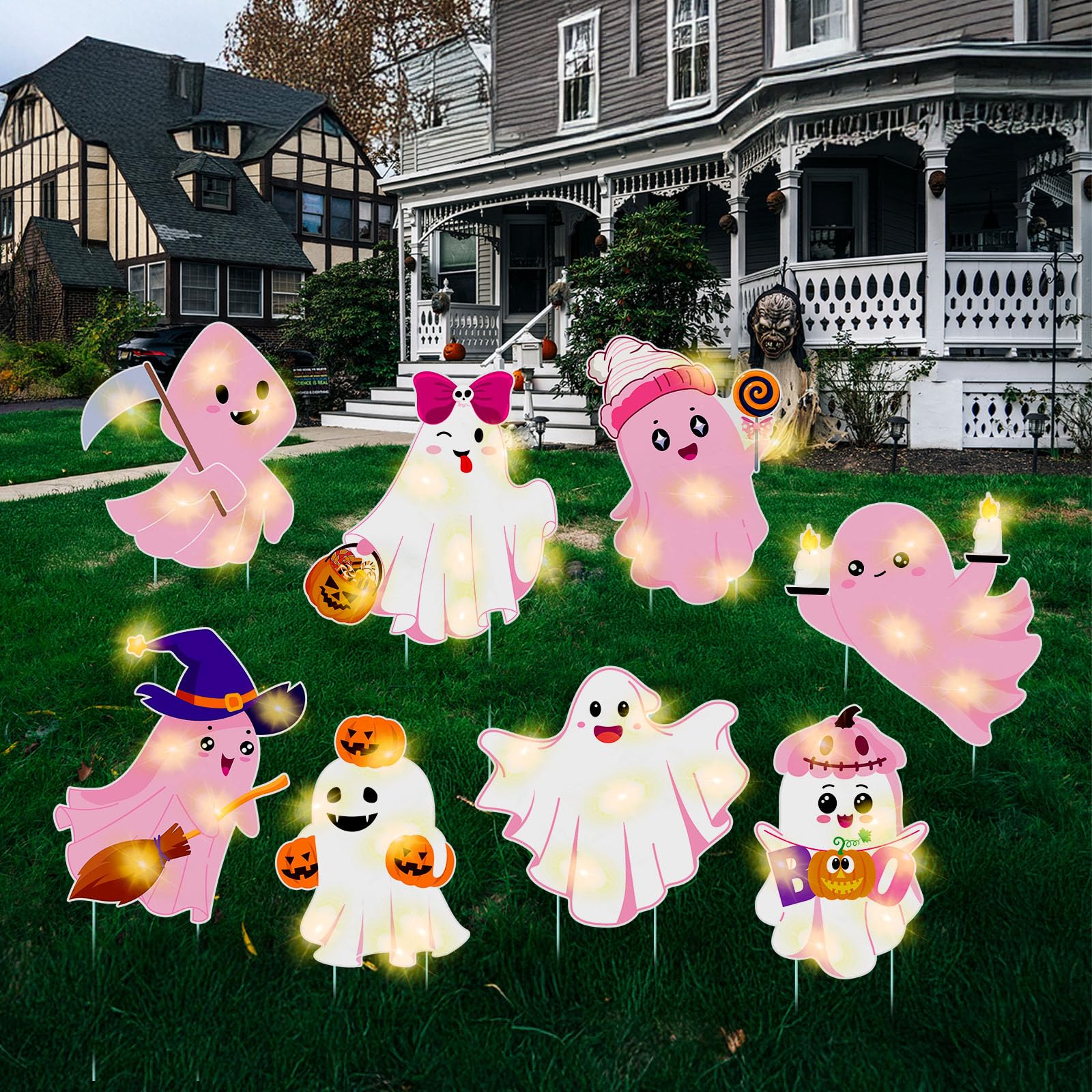 Panneaux lumineux fantôme mignon Amyhill pour décoration d'Halloween extérieure Lot de 8