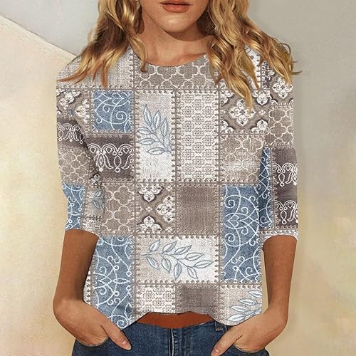 Miniatura 4 de Camiseta de manga 34 para mujer, cuello redondo, estampado floral, casual, holgada, básica, ajuste holgado