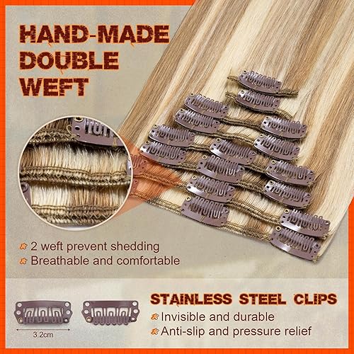 Miniatura 3 de Benehair Extensiones de cabello humano con clip, balayage, mezcla de marrón dorado, rubio decolorado, para mujeres, largo y lacio, cabello Remy