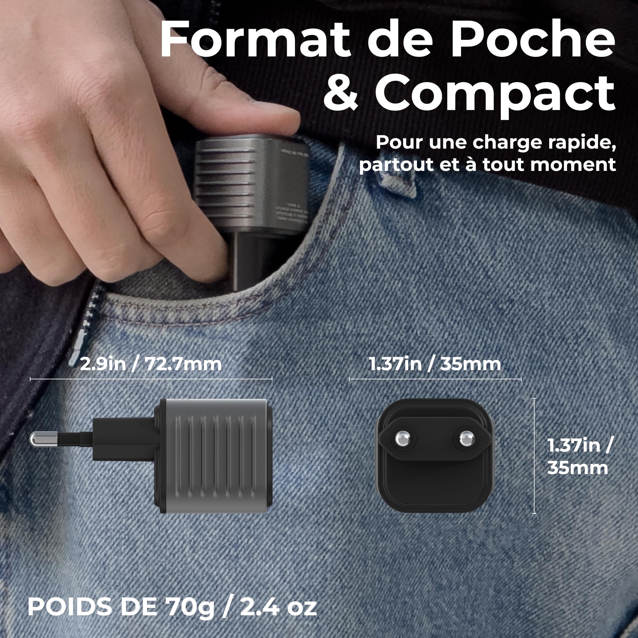 Rolling Square Supertiny - 65W Chargeur USB C Rapide Mural 65W GaN Ultra Petit, Adaptateur Prise EU - Prise USB C pour Téléphone Portable, Ordinateur Laptops et Tablet pour Voyage