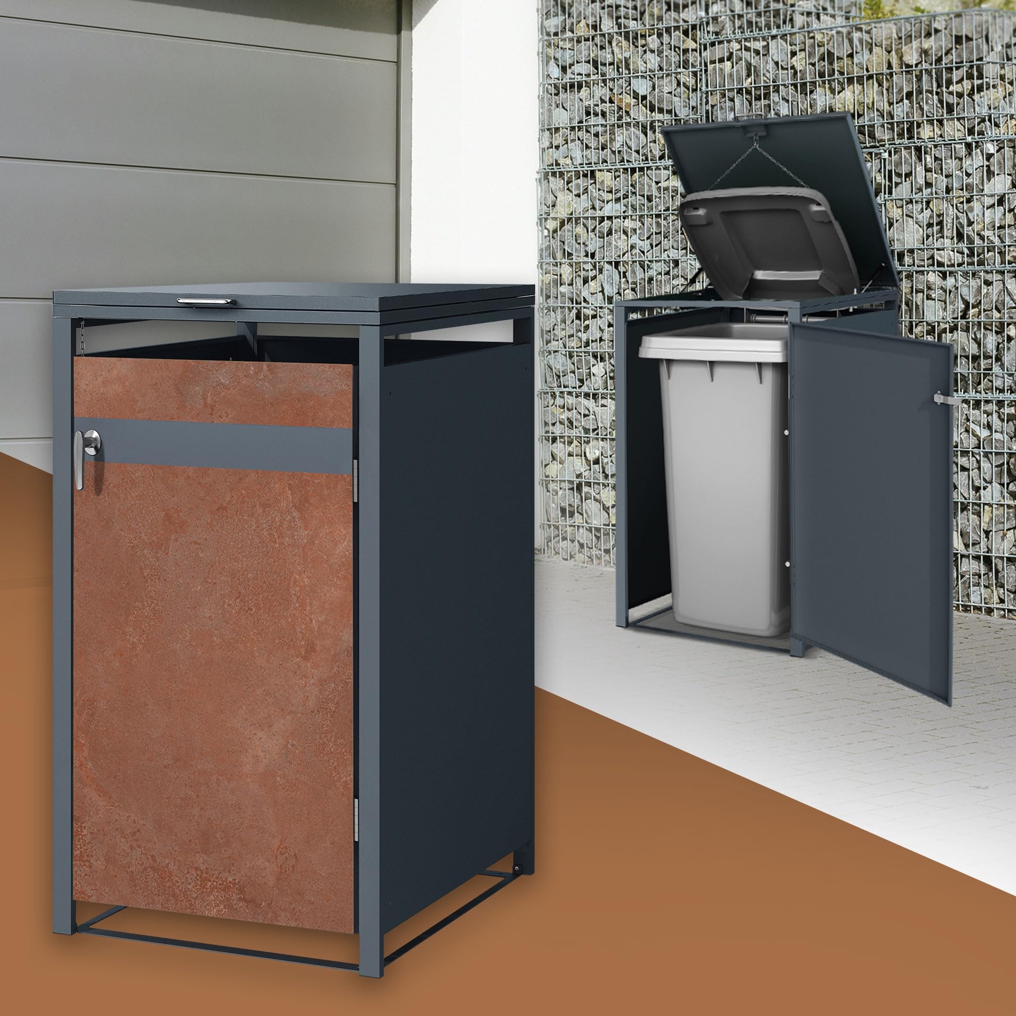 ML-Design Box pour 1 Poubelle, jusqu'à 240L, 68 x 80 x 116,3 cm, en Acier, Anthracite/Aspect Rouillé Rouge-Brun, Résistant aux Intempéries, Habillage de Poubelle Verrouillable, Conteneur Abri Hangar