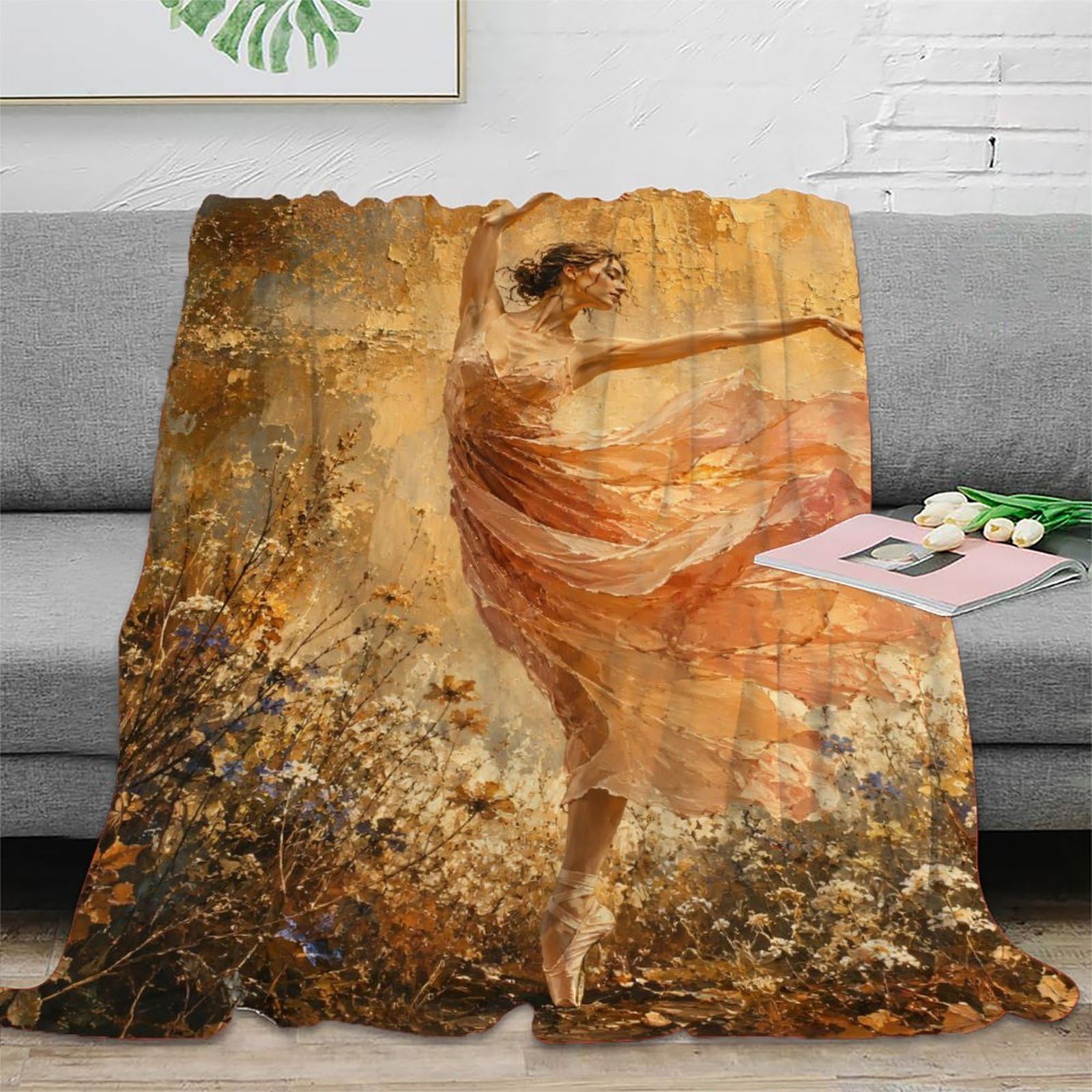 W7C8U2X3 Peach Floral Ballerina Blanket, Flannel, Nap, Romantic Floral Art