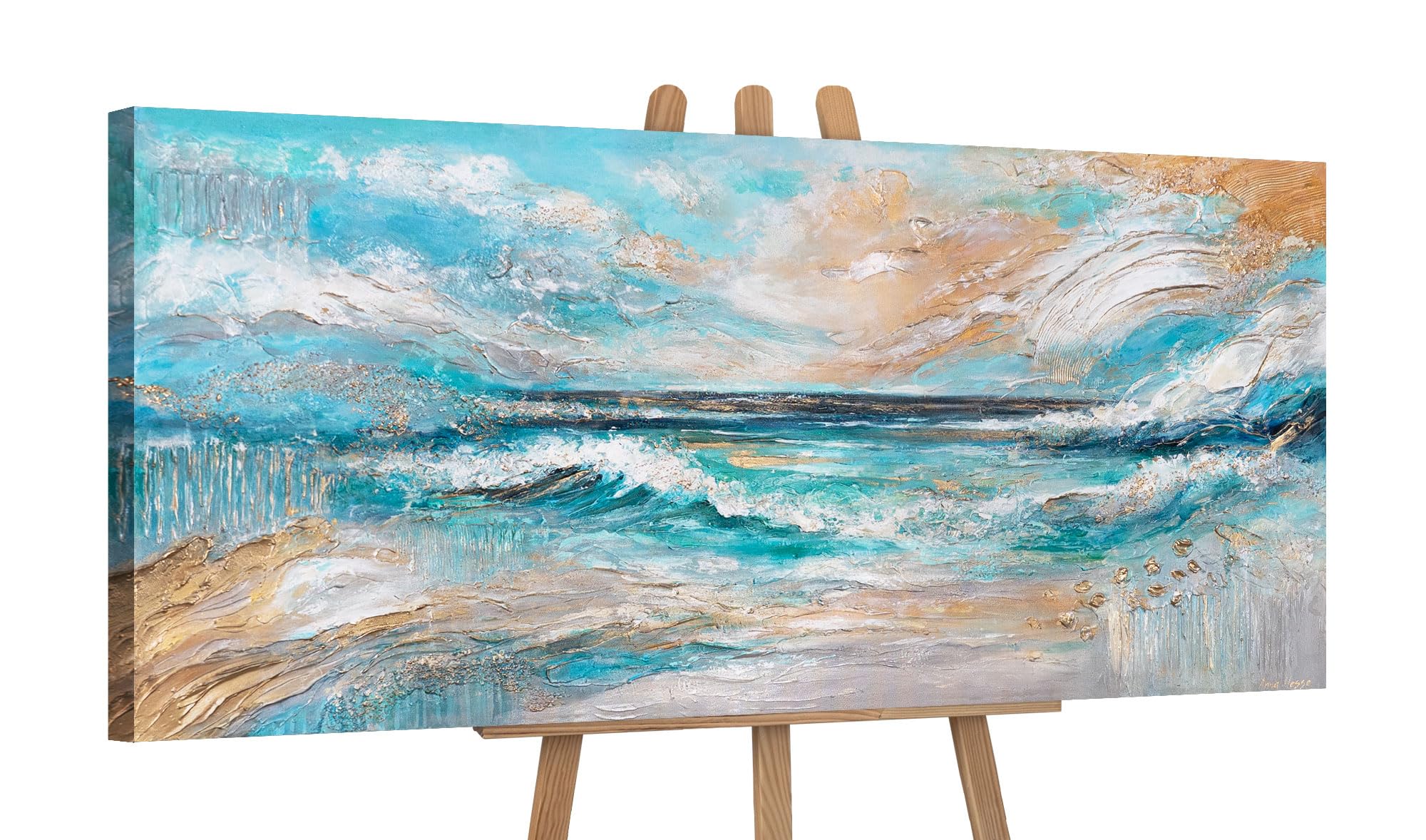 YS-Art Original Handmade Abstract Ocean Wave Painting Wall Art Seascape Motive Classic Decor for Home or Office 45x20 inch