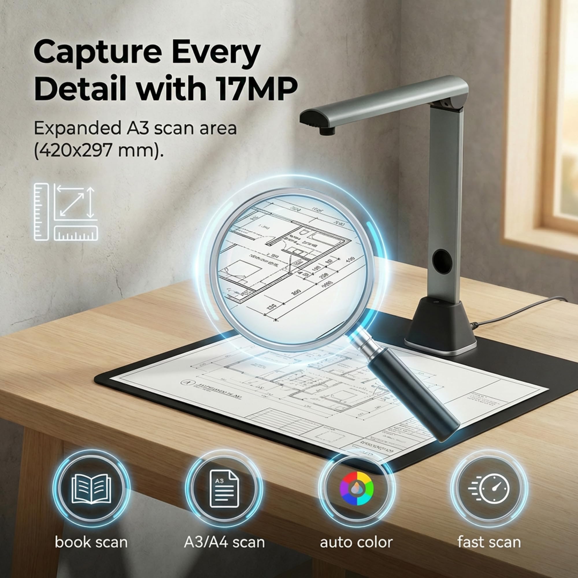 Scanner Documenti A3 17MP: OCR 130 Lingue Fotocamera Documenti USB 4 LED Scanner Libro Ufficio Scuola Archivio Home Office