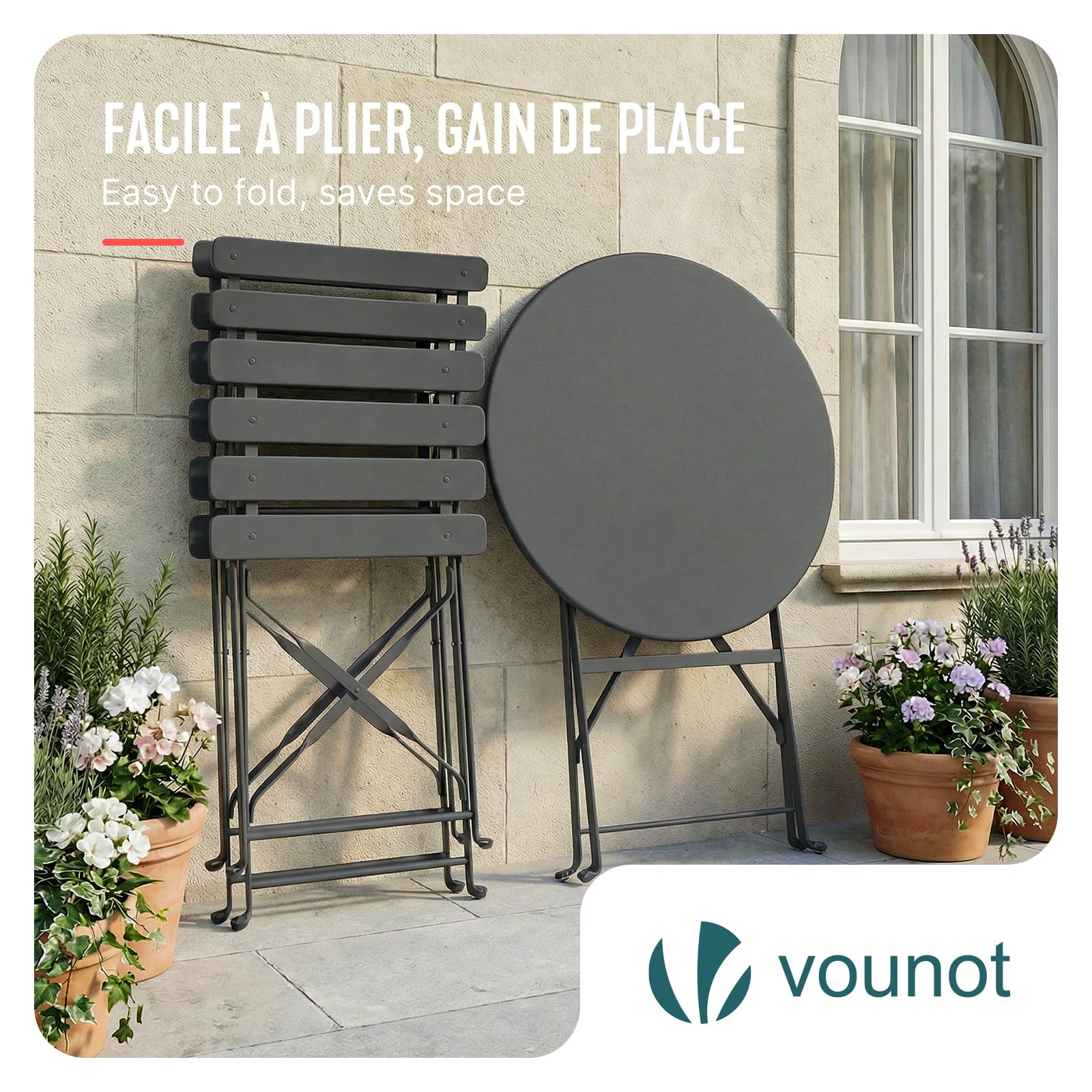 VOUNOT® Set Bistrot Pieghevole 3 Pezzi in Metallo, Set Tavolo e 2 Sedie da Giardino, Salvaspazio Resistente alle Intemperie e ai Raggi UV per Balcone, Patio, Terrazza e Esterno, Grigio