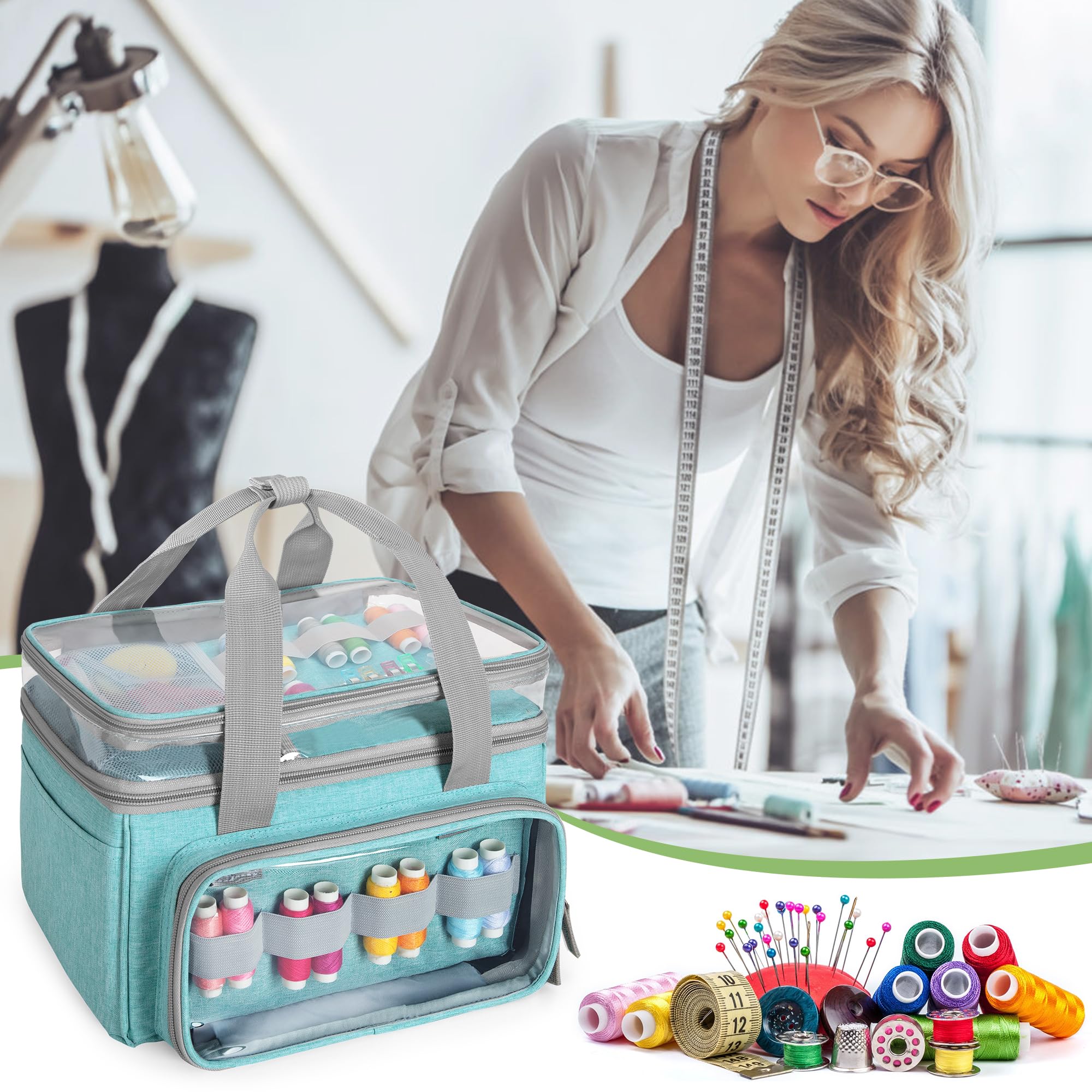 Luxja Bolsa Organizadora de Costura con Compartimento Transparente, Azul | Bolso Organizador de Costura grande con Separador Extraíble para Artículos de Costura (Solo Bolsa)