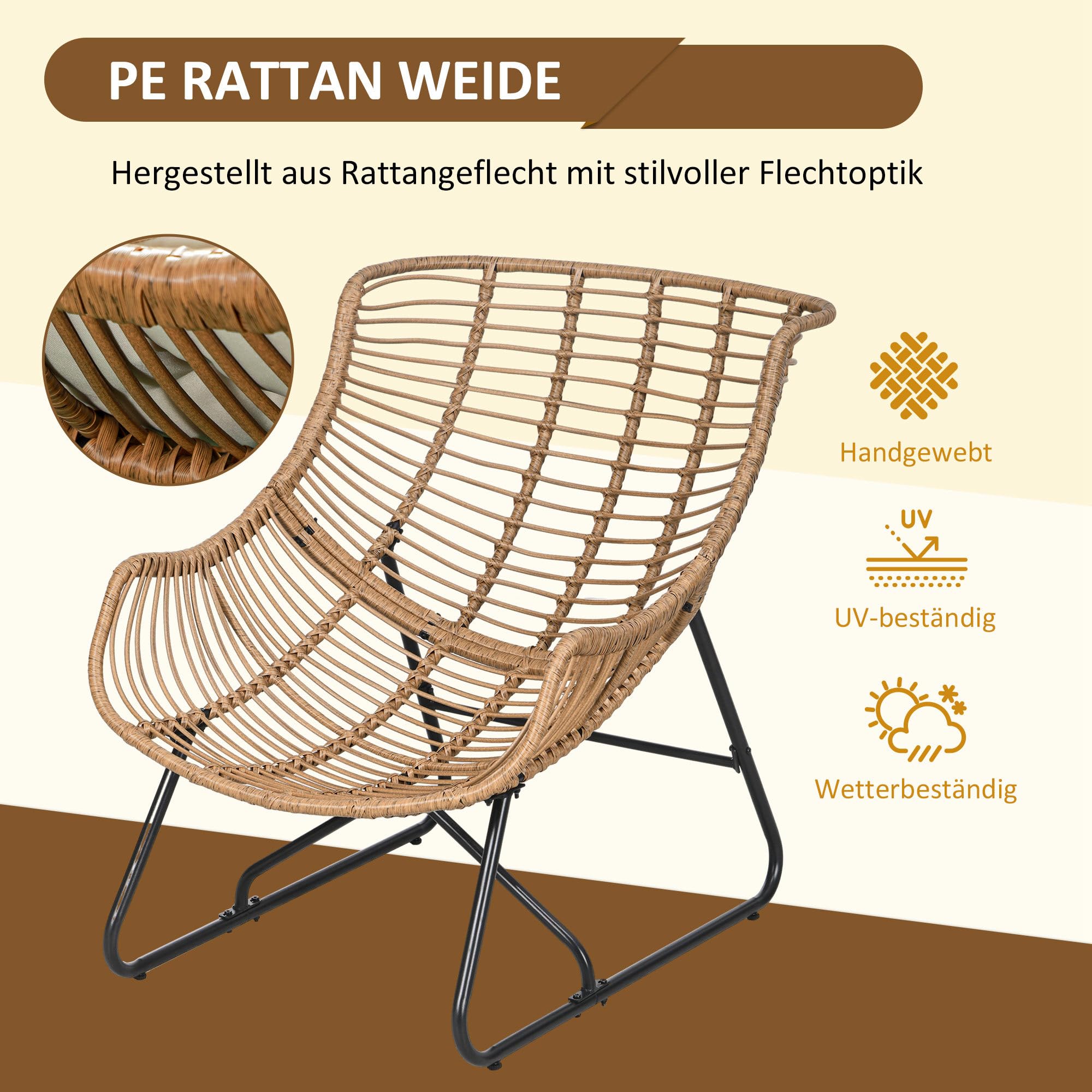 Outsunny Rattansessel mit Dicke Kissen Bänder Stahlrahmen, gepolsterter Outdoor Sessel aus Polyrattan, Korbsessel bis 120kg, Gartensessel Gartenstühle für Garten Balkon Veranda Terrasse Khaki