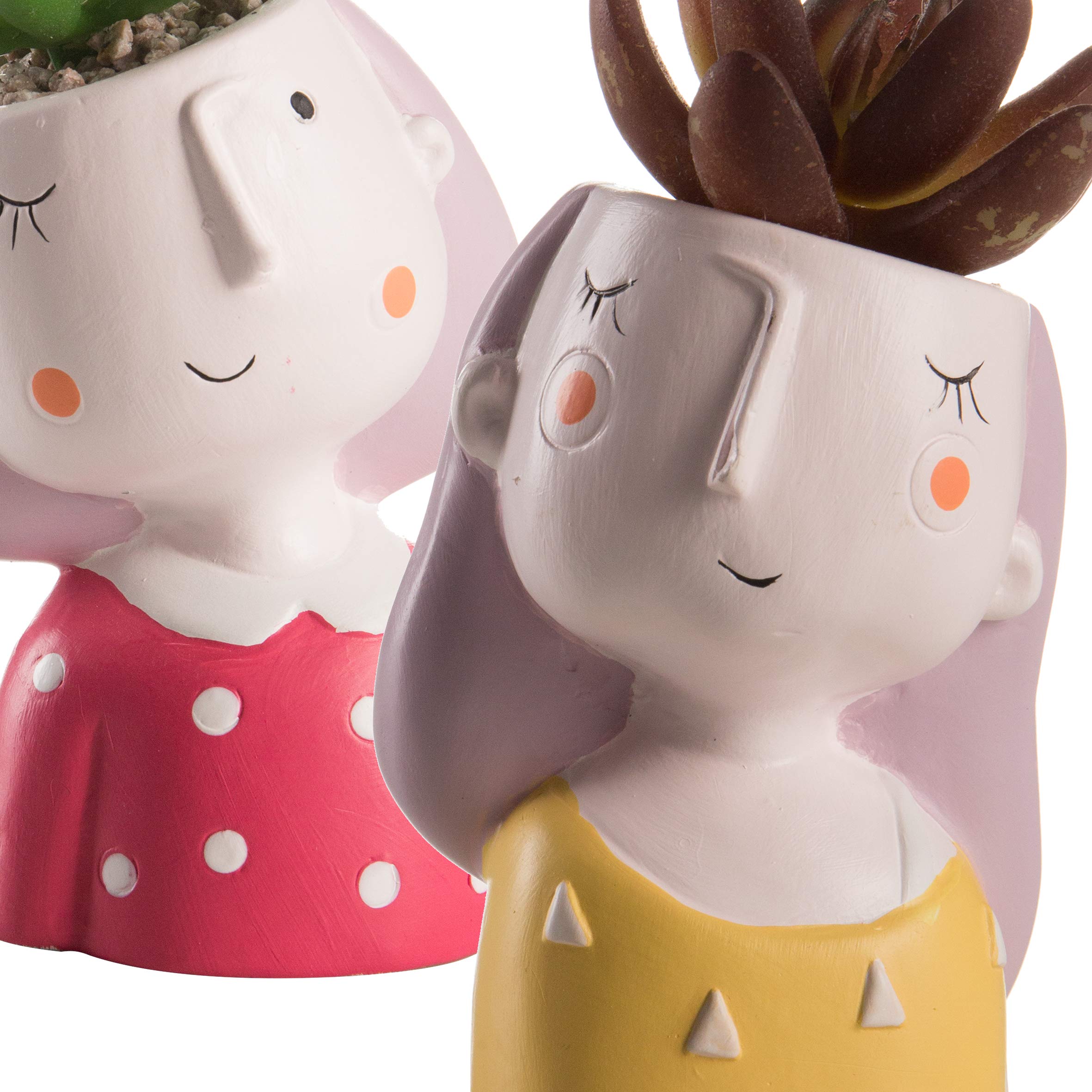 Baroni Vaso Testa Girl con pianta Artificiale. Set 4 sculture Colorate in Ceramica 8X7X14 cm