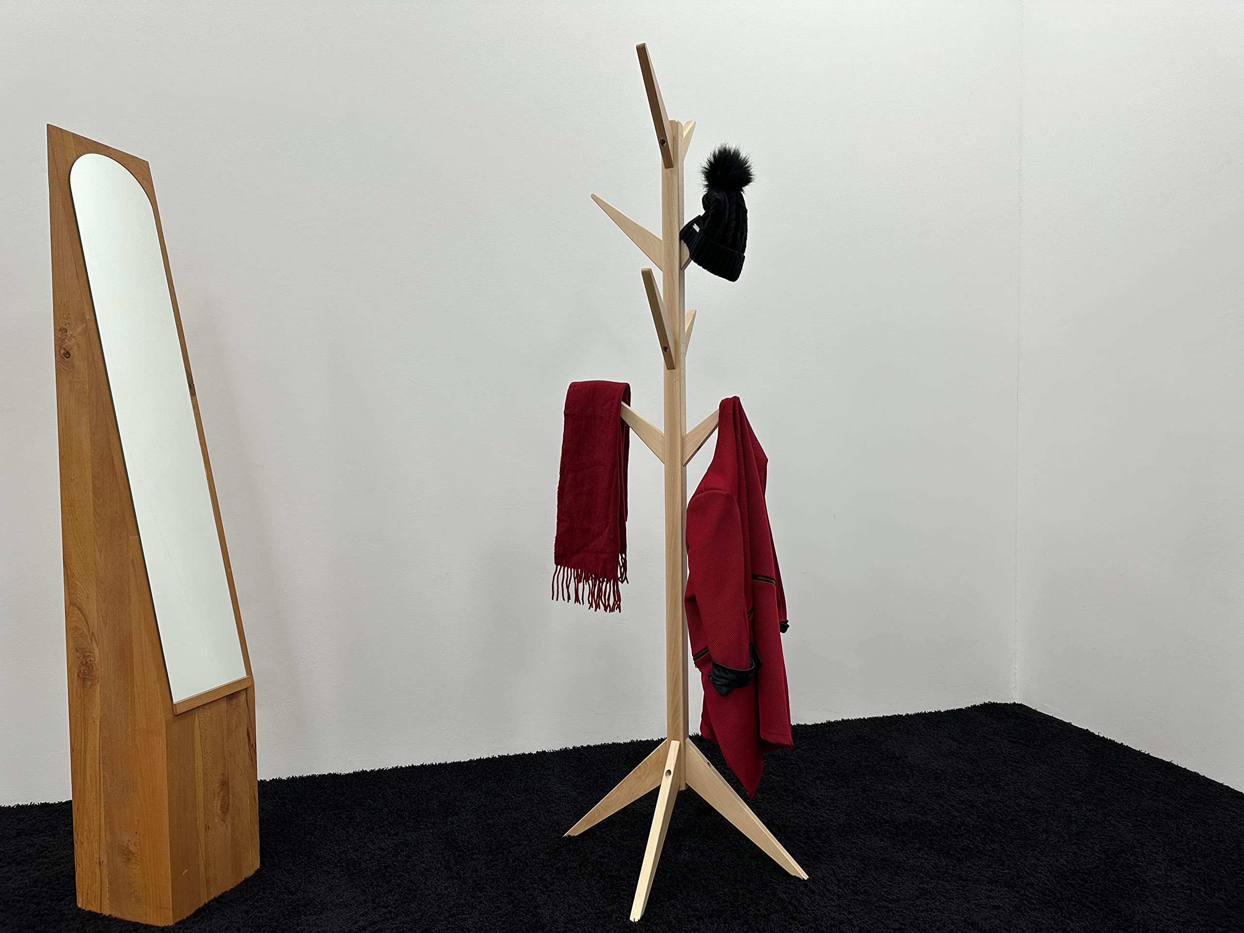 f32 Perchero de madera maciza – Perchero de pie (178 cm de altura) – Estable soporte para chaqueta con 8 ganchos de madera natural lacada