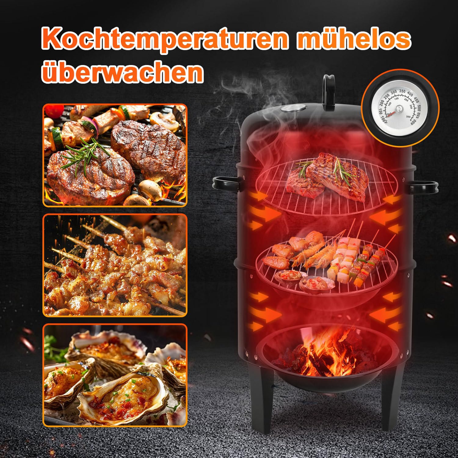 3 in 1 Räucherofen Smoker Grill mit Thermometer, Holzkohle Räuchertonne mit 2 Türen, 2 Ebenen & regulierbarer Lüftungsklappe, kompakter BBQ Holzkohlegrill für Garten, Balkon & Camping