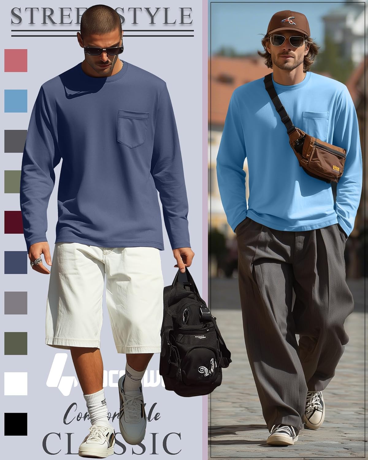 10 Pack Men's Big and Tall Long Sleeve Shirts, Crew Neck Loose Fit Pocket Tops Bulk Casual Basic T Shirts - Image 3