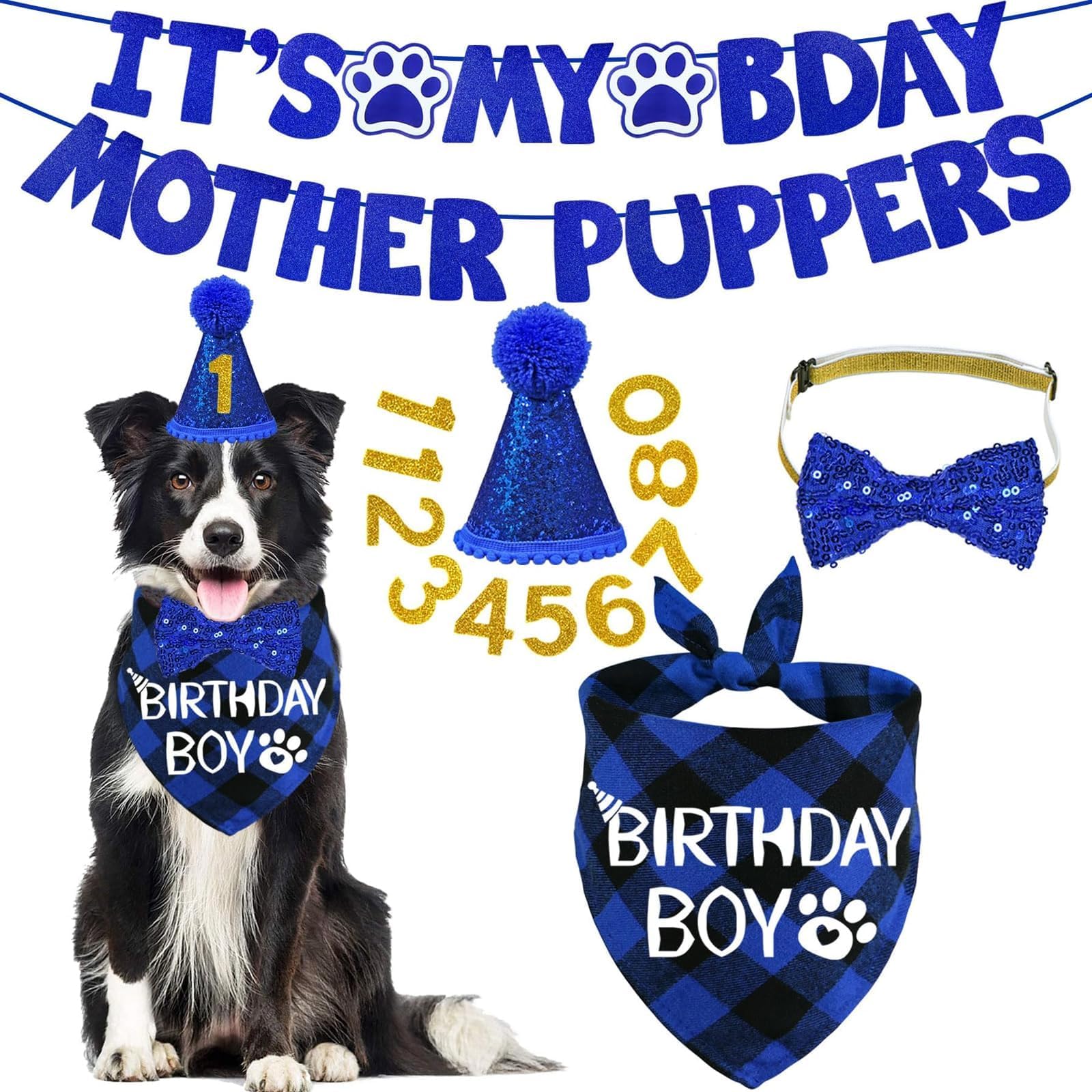 Alriedy Dog Birthday Party Supply Set, Dog Birthday Decoration Kit, 1 Set All-in-One Pet Birthday Outfit with Hat, Bandana, Bow Tie & Banner – Adjustable Fit for Medium & Large Dogs, Comfortable Durab