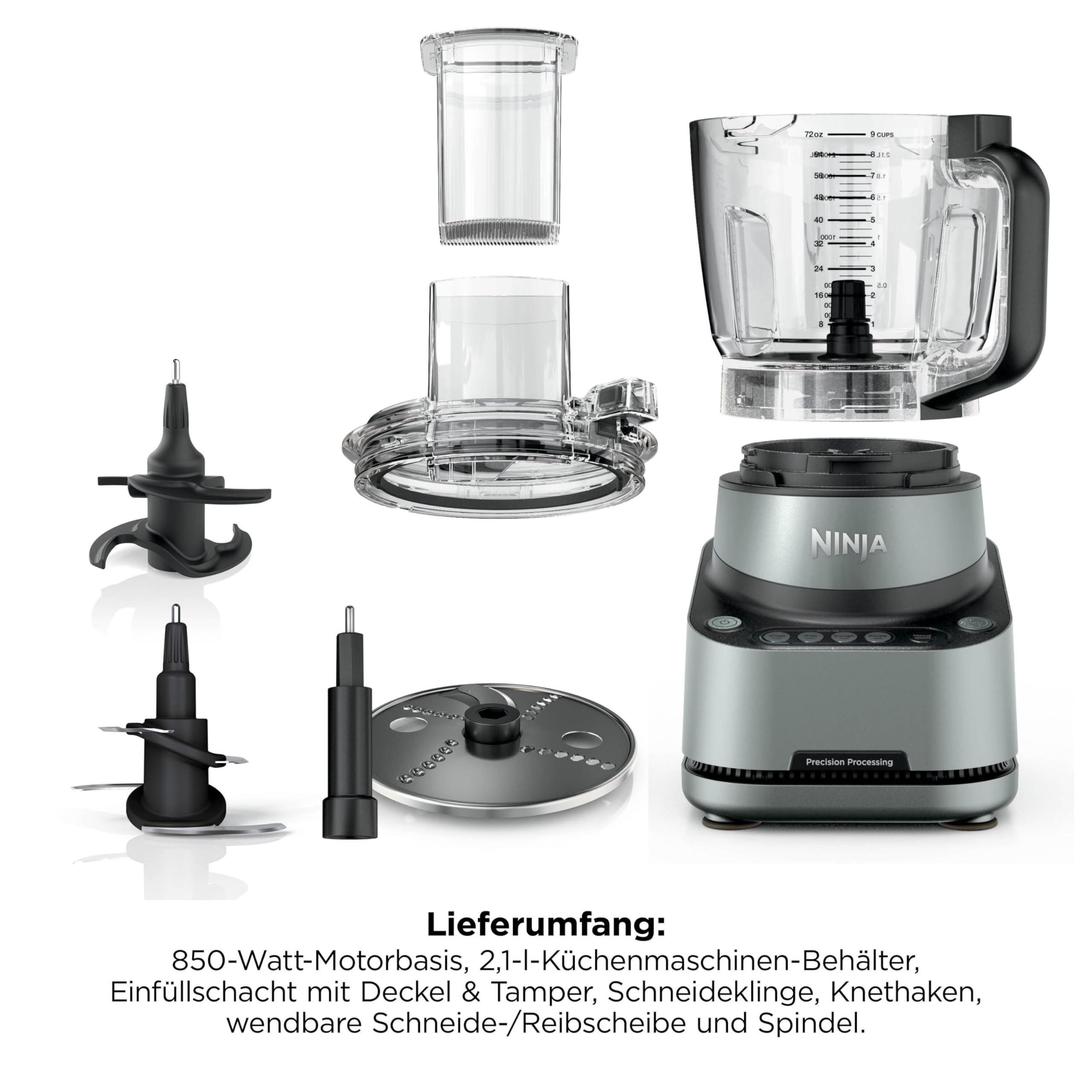 Ninja PrecisionPro 2,1 l Küchenmaschine, 4 Voreinstellungen und manuelle Einstellungen, Pizza- und Brotteig zubereiten, Gemüse schneiden und mehr, spülmaschinengeeignete Teile, Schwarz BZ651EU