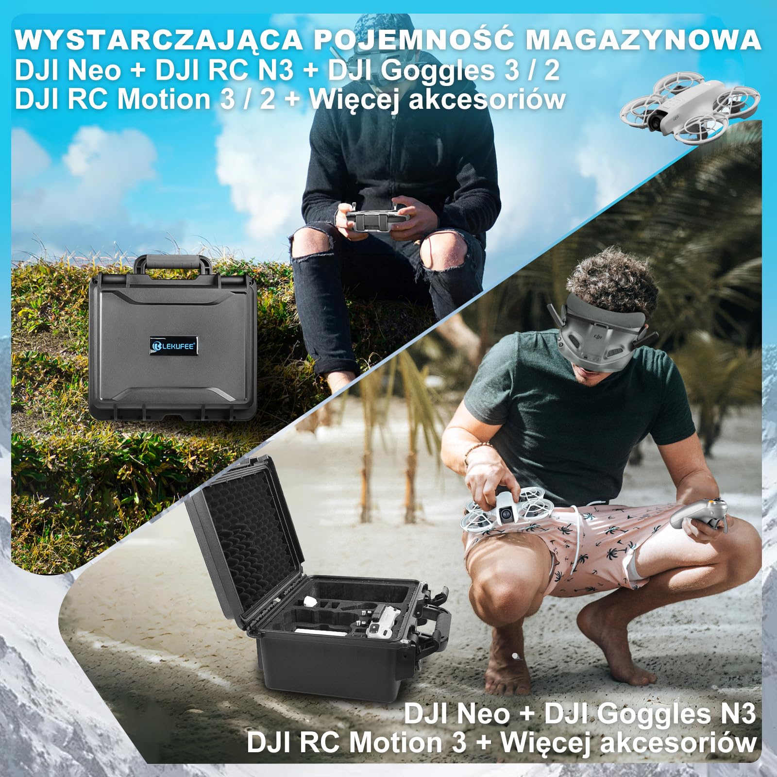Lekufee Wodoszczelna Twarda Torba Transportowa dla DJI Neo 1 Motion Fly More Combo, DJI Goggles N3/3/2/Goggles Integra/RC 2/RC N3/N2/RC Motion 3/2 oraz Akcesoriów (Tylko etui)