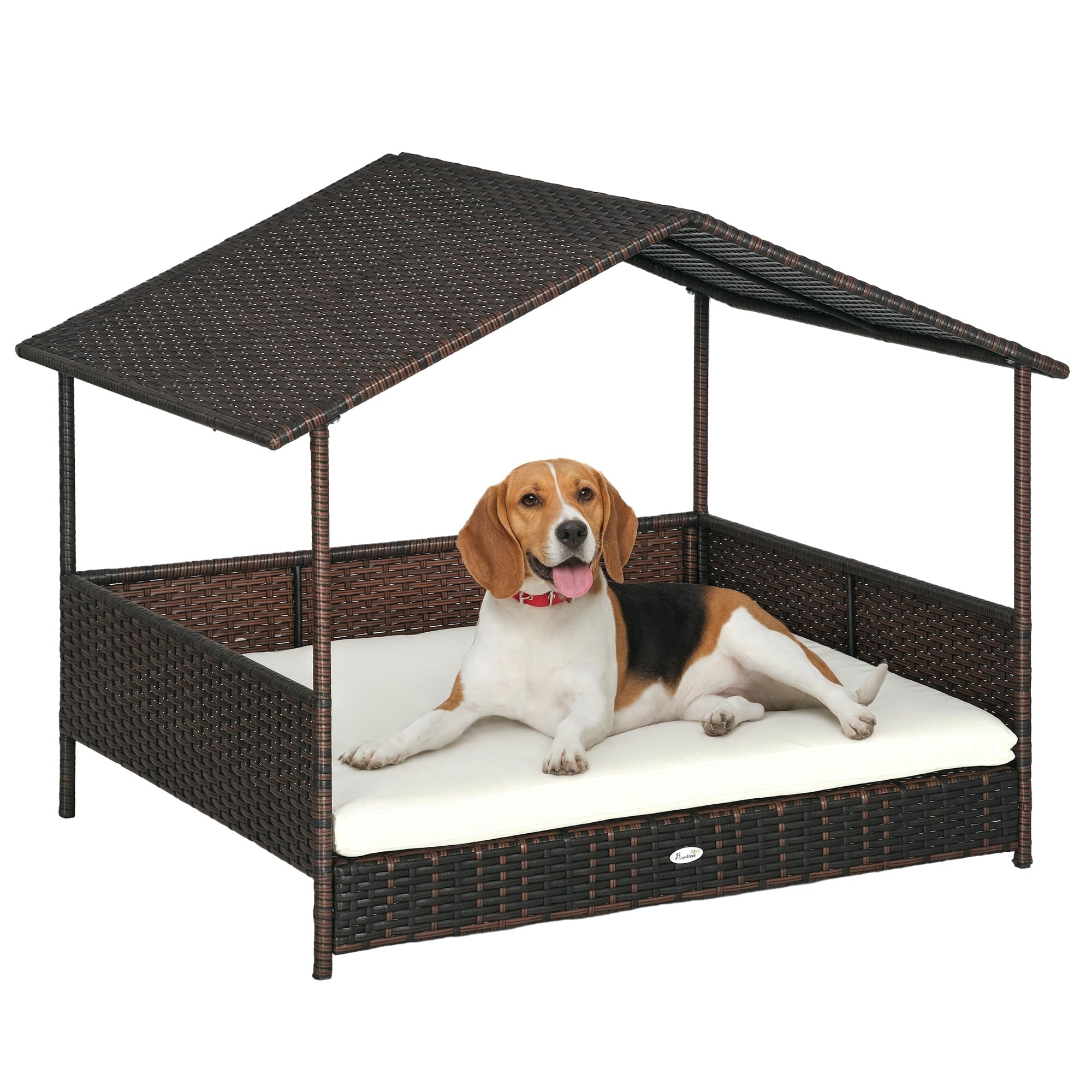 PawHut Outdoor Wicker Dog House with Canopy, Rattan Dog Bed with Soft Cushion Removable Cover for Medium and Large Dogs, Cream White