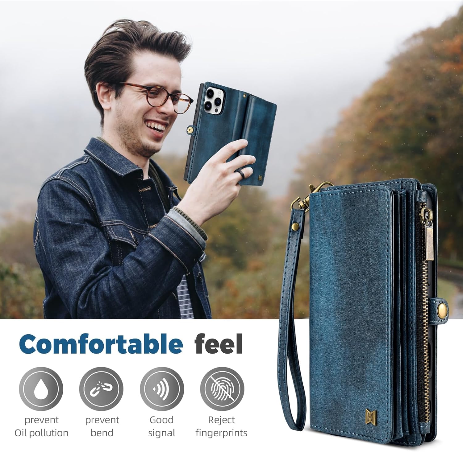 for iPhone 15 Pro Max Wallet Phone Case with 8 Card Holder,RFID Blocking | PU Leather | Kickstand | Flip | Wrist Strap&Shoulder Strap | Shockproof | Zipper Wallet | Women Men | 6.7" | Blue - Image 9