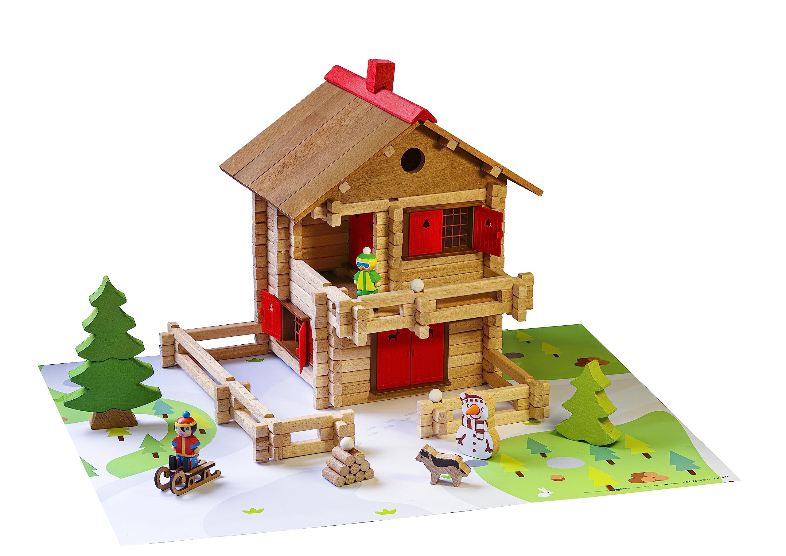 Jeujura - Grand Chalet d'Alpage 215 Pièces - Jeu Construction 5 Ans - 8091 | Personnages, accessoires et tapis de jeu inclus - Valisette rangement - Jeu en bois enfant - Imagination - Fabriqué en France