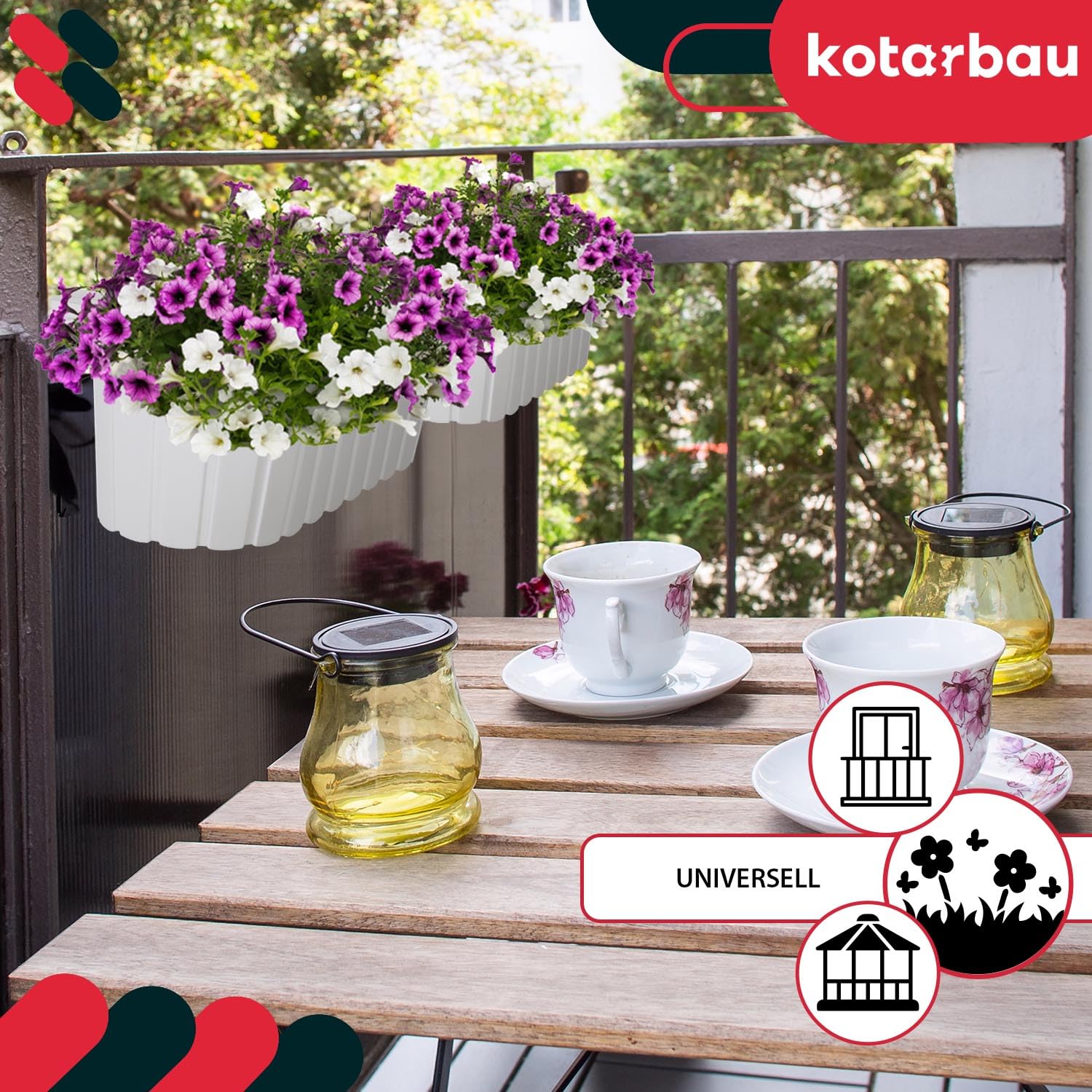 KOTARBAU® 6 uds Jardinera Balcón - Jardineras Exterior - PVC - 40 x 15 x 15 cm - Blanco - Maceta - Macetero Rectangular - Ligero - con Soporte para Barandilla - Decoración Exterior