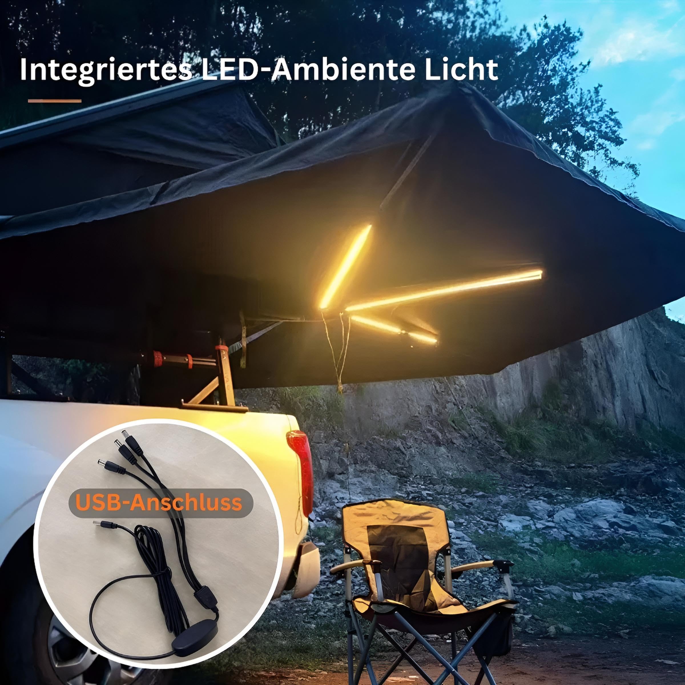 Markisenvorzelt 270° Autodachmarkise Auto Markise, Vordach, Dachzelt Schwarz/Grau LED (200x200cm für die Beifahrerseite)