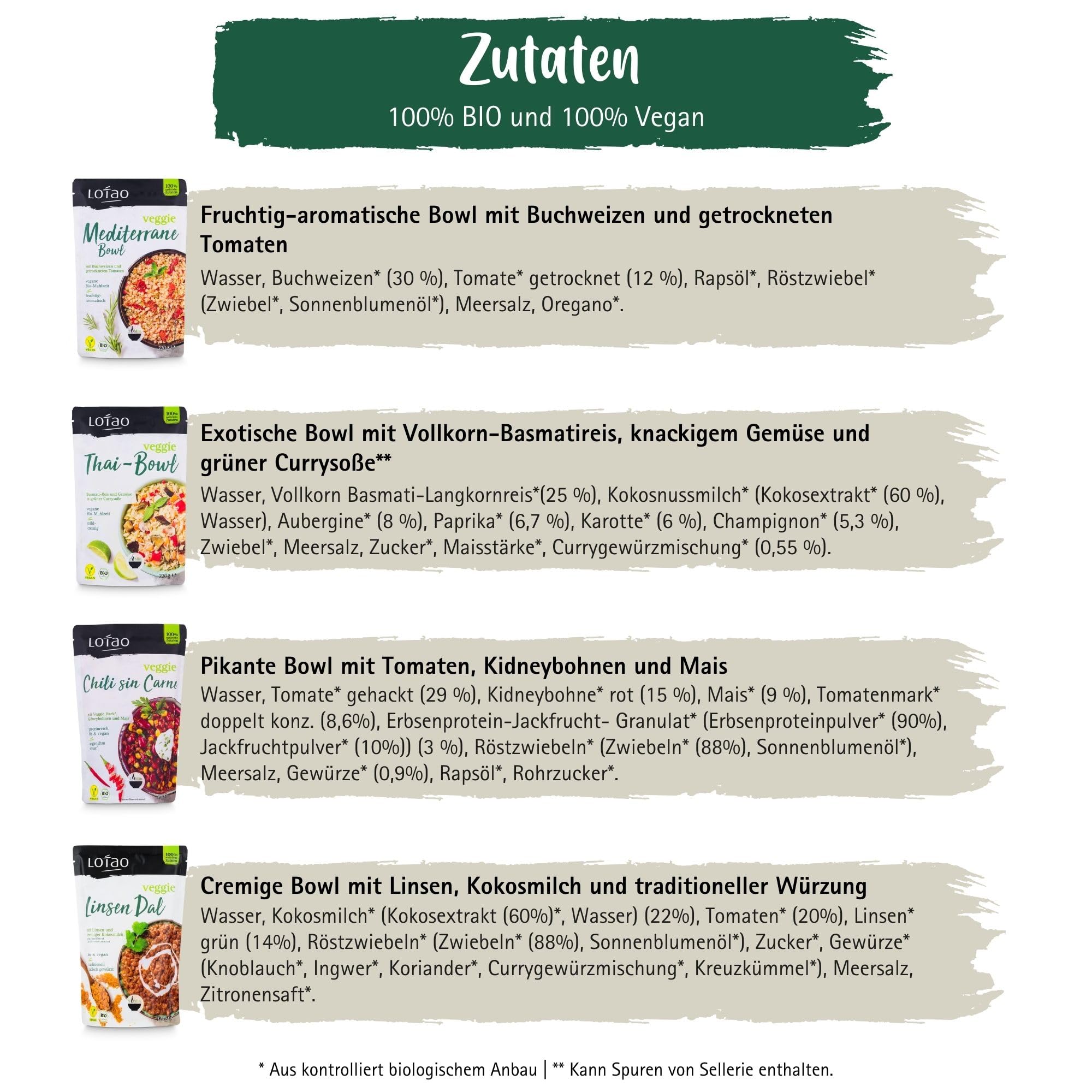 LOTAO Vegane Fertiggerichte - Bowl Box: 8 BIO-Gerichte ohne Zusätze und Soja | Schnell und praktisch: Fertigessen für Mikrowelle und Pfanne | Vegane Lebensmittel in Geschenkbox