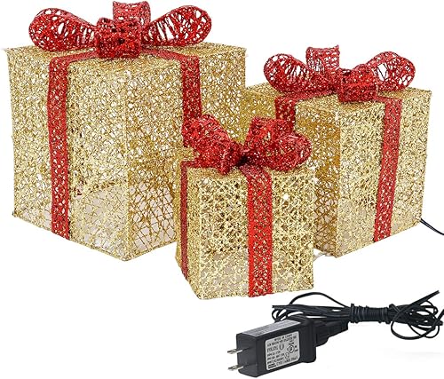 Miniatura 6 de Sunnyglade Juego de 3 cajas de regalo iluminadas de Navidad con lazos, cajas de regalo para Navidad, bodas, patio, hogar, decoración de arte festivo