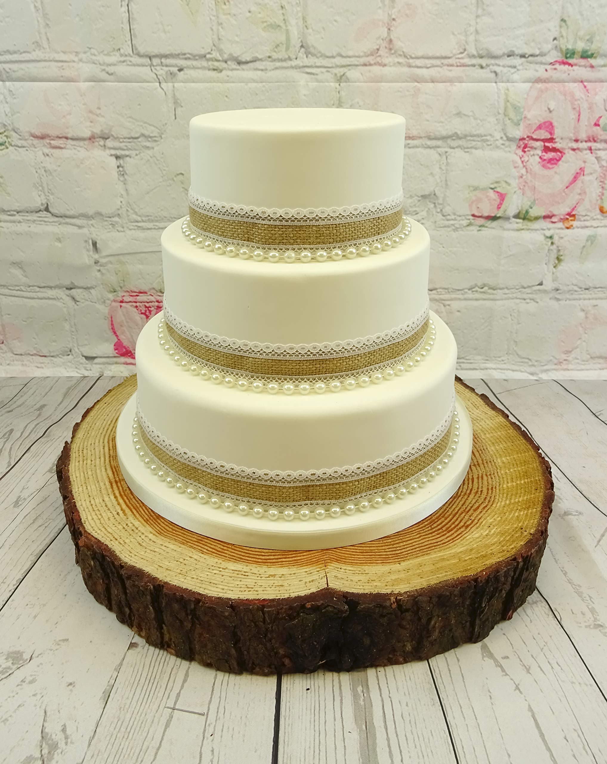 The Cake Emporium Ltd White Vintage Rustic Wedding Cake – 36Mm Hessian & Lace Ribbon With Pearls Cake Topper Set