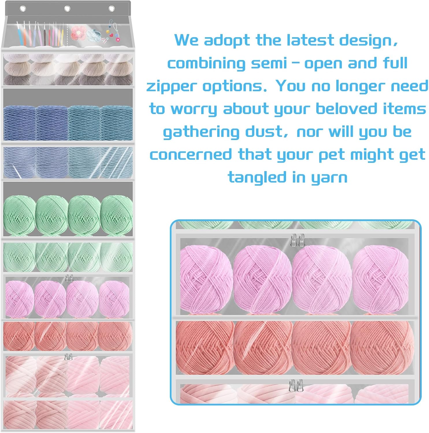 Newest Hanging Yarn Storage Organizer with Zippered Closure Compartments Large Capacity Crochet Storage Organizer,Transparent Over The Door Hanging Bag for Knitting Supplies