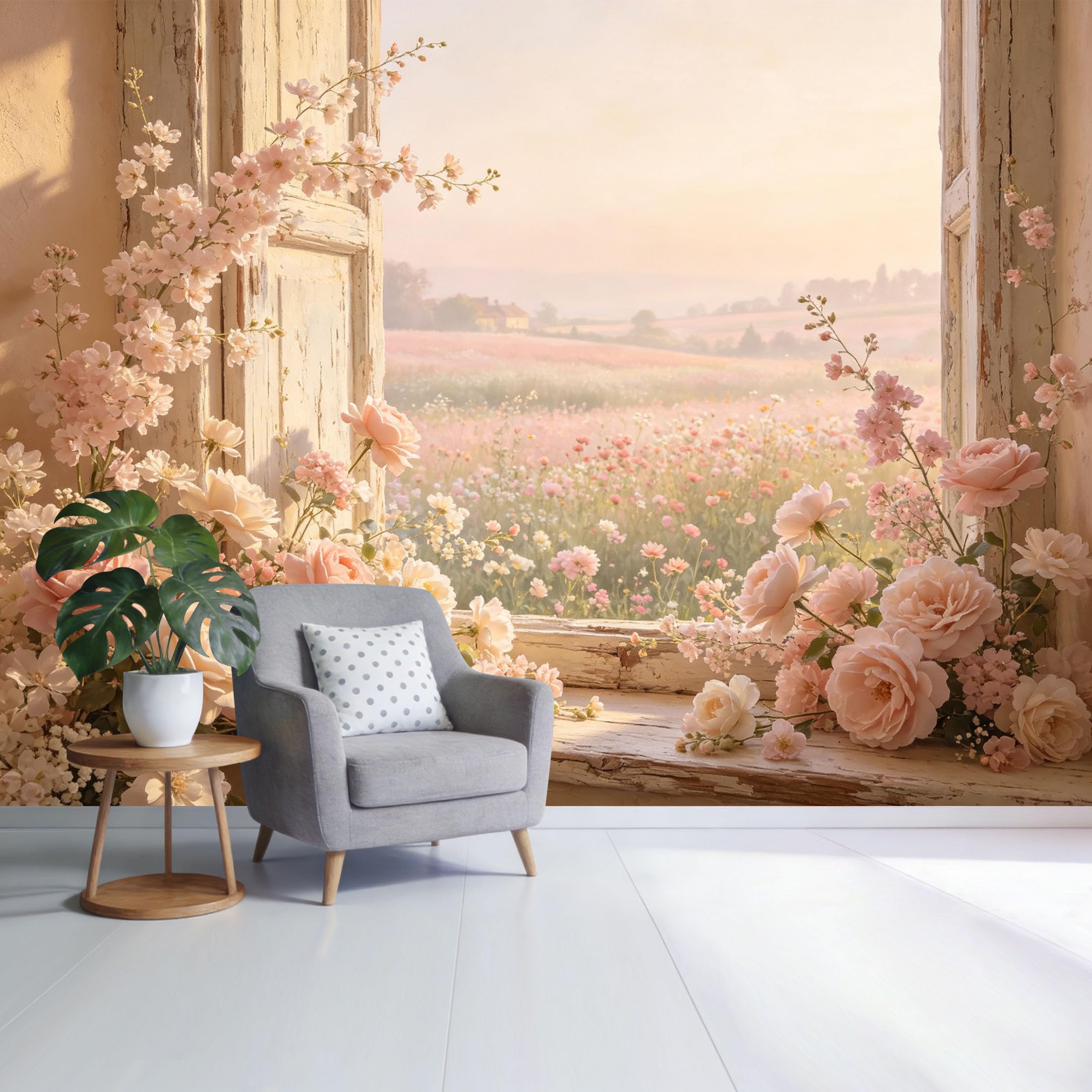 Custom Size Wall Mural Romantic Floral Window View Pastel Rose Blossom Landscape SelfAdhesive Wall Fabric Removable Wallpaper for Home Office Decor