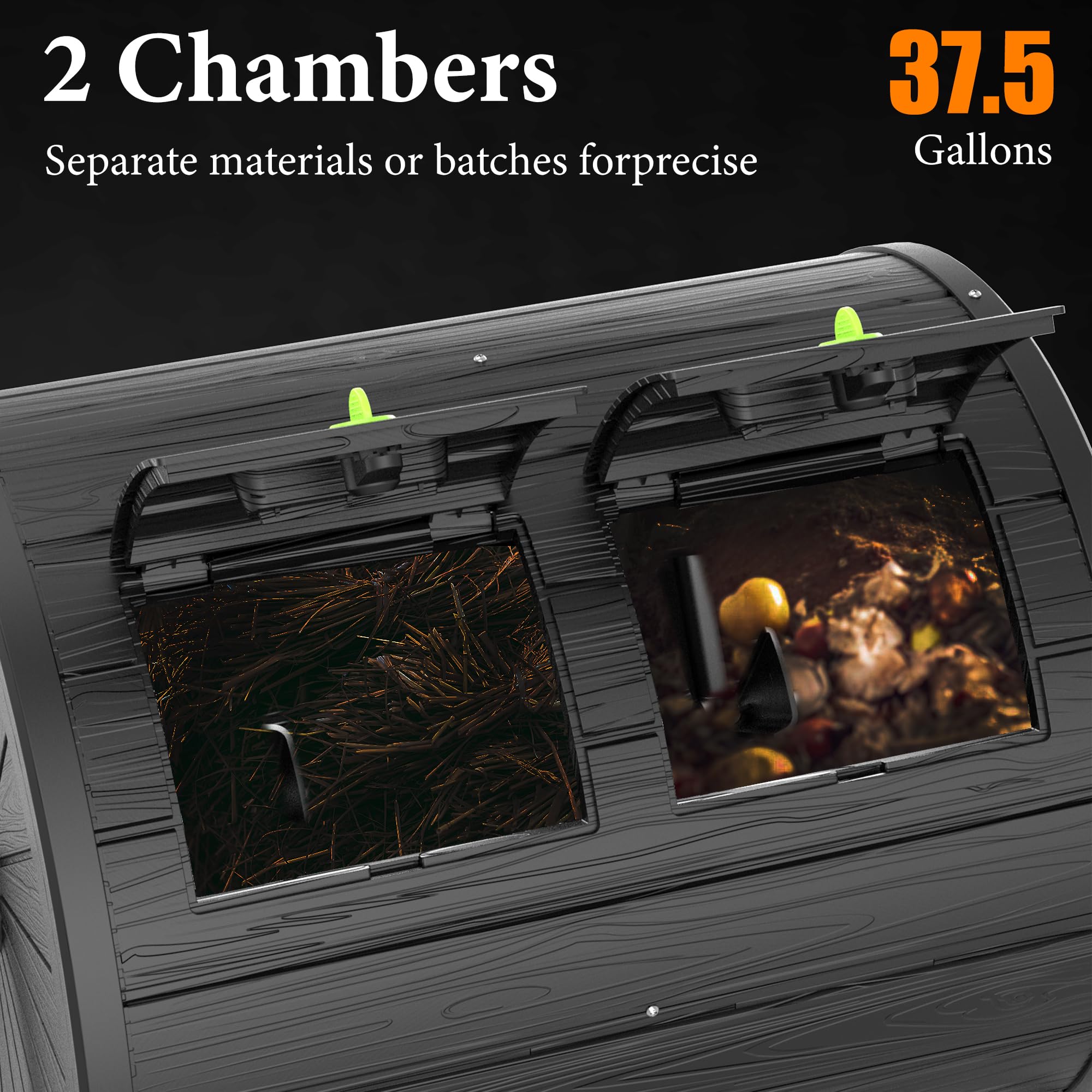 EasyUp Compostador de doble cámara, 43 galones, negro, diseño giratorio con puertas renovadas y marco de acero (negro)