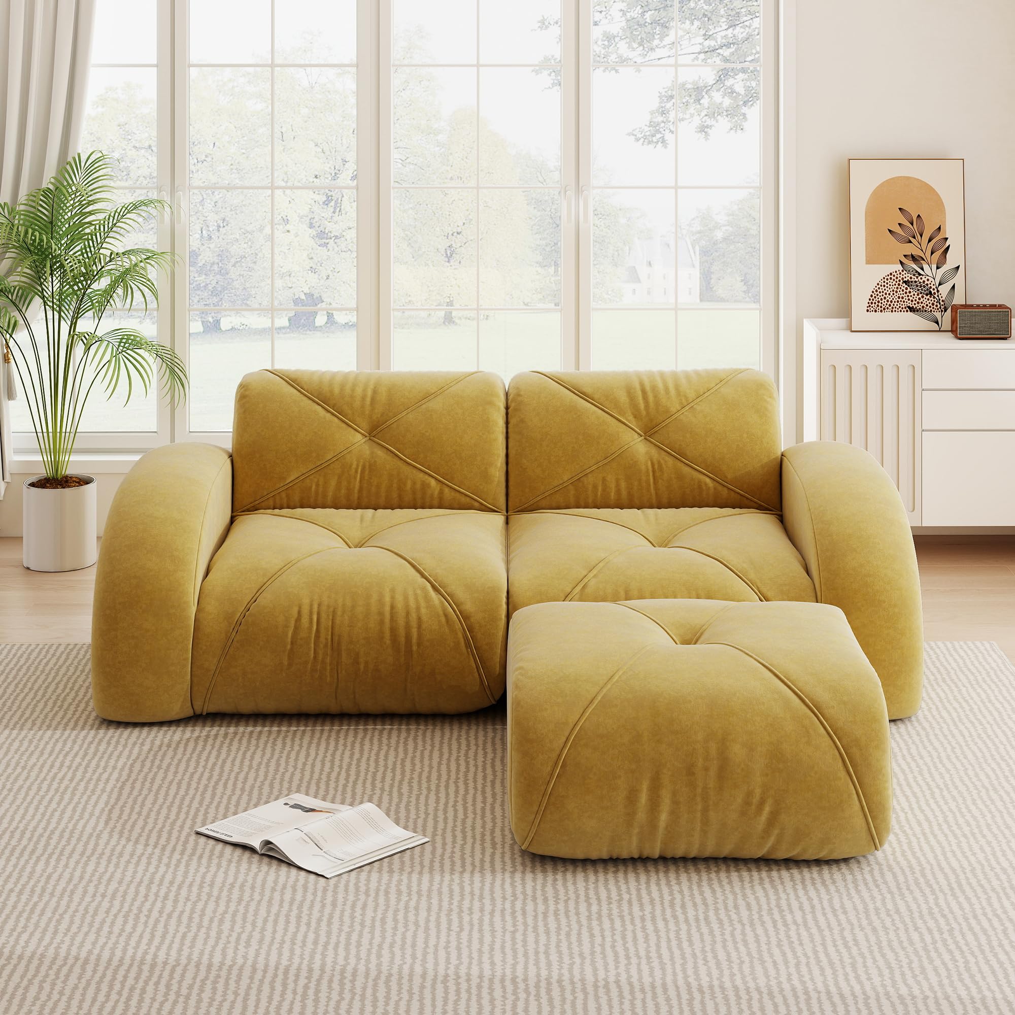 Bladez Divano modulare a 2 posti con sgabello Ciniglia Moderno Loveseat Soggiorno Divano con Braccioli Curvi, Senza Montaggio Divano Boneless Compressione Cloud Divani (Giallo, 2 Posti+1)