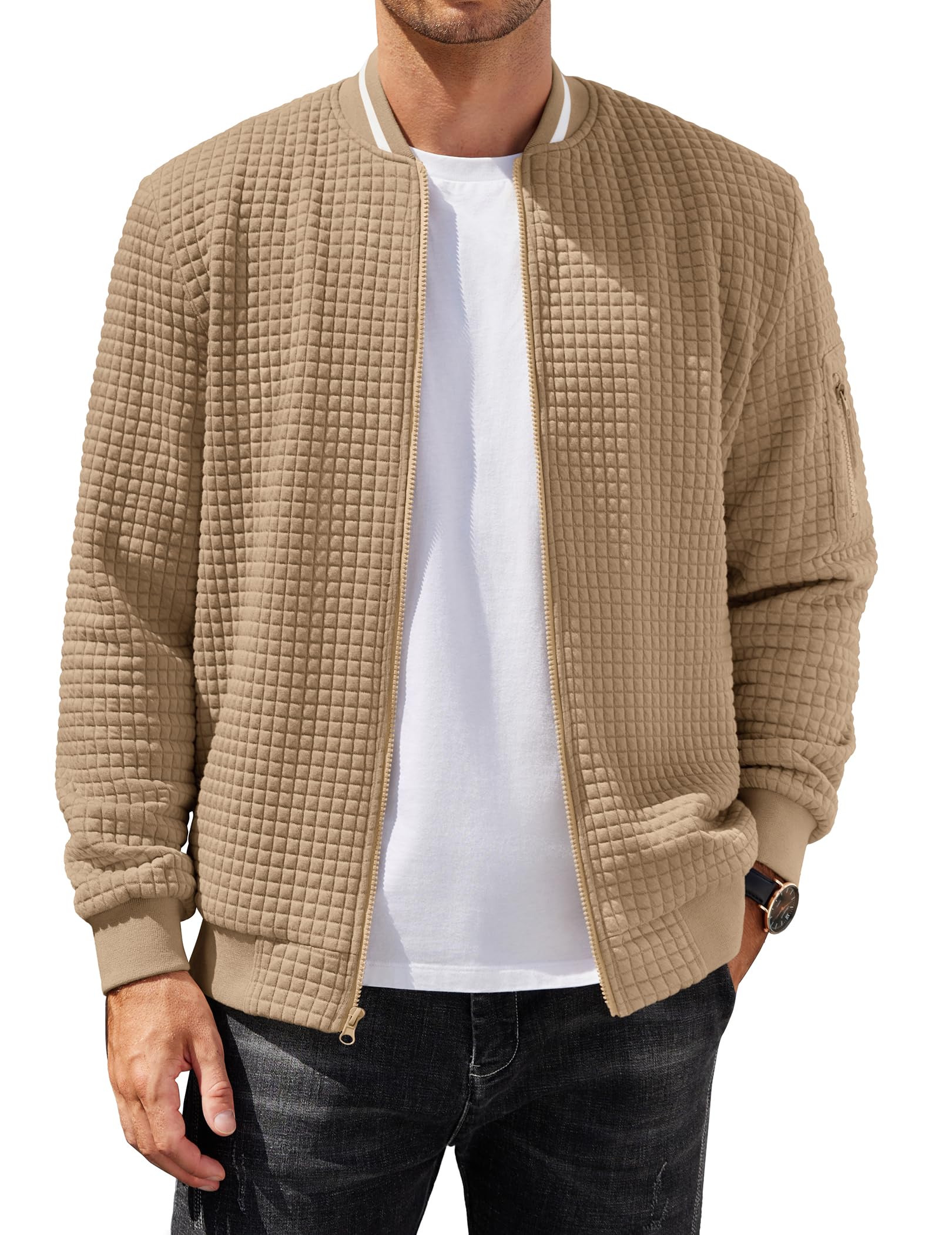 Mens Zip Up Sweater Jacket Waffle Sweatshirt Knit Bomber Lightweight Casual Jackets