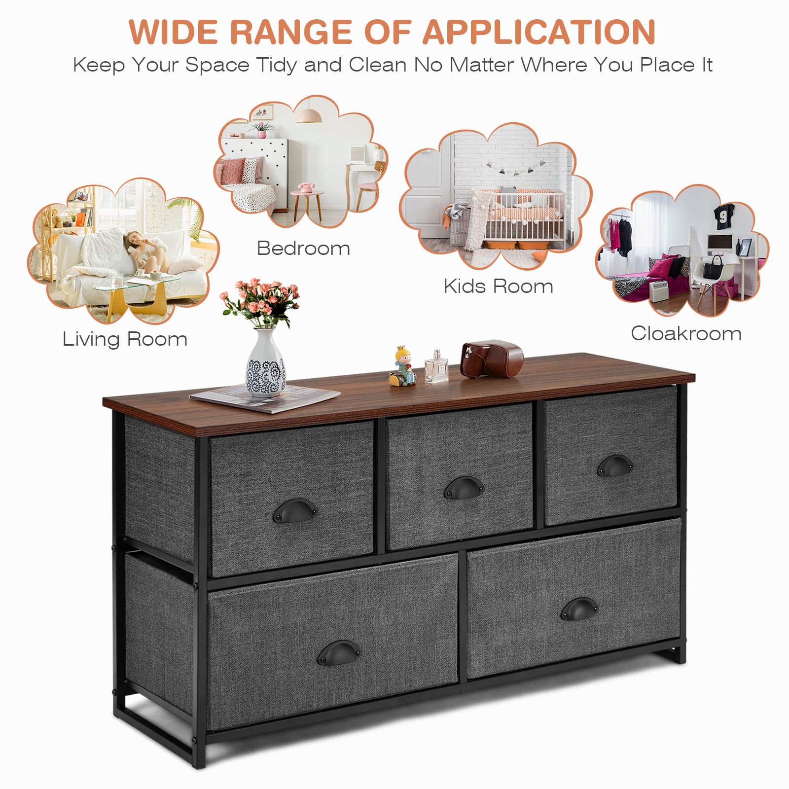GIANTEX Ladekast comodetekast, commode met laden stof, dressoirs stalen frame en houten plaat, opbergkast kast slaapkamer (bont bruin, 7 laden