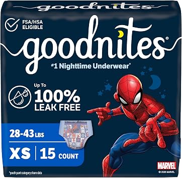 Goodnites Boys' Nighttime Bedwetting Underwear, Size Extra Small (28-43 lbs), 15 Ct, Packaging May Vary