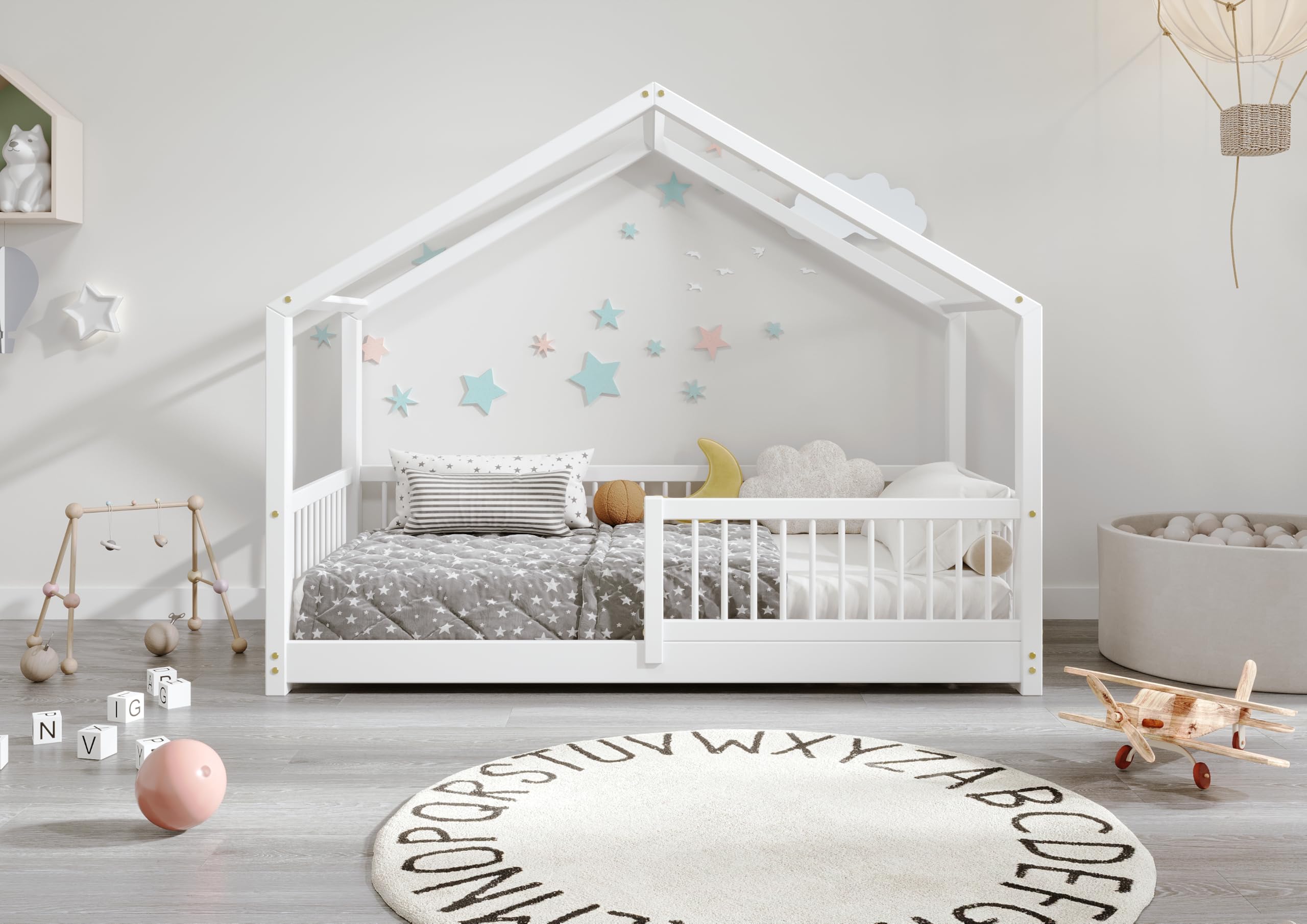 TIMBEE MURLO - Kinderbett Holz - Hausförmig mit Sprossen - Solide Konstruktion aus Naturholz - Langlebig und elegant - Weiß - 90x180cm - 3cm Lange Beine