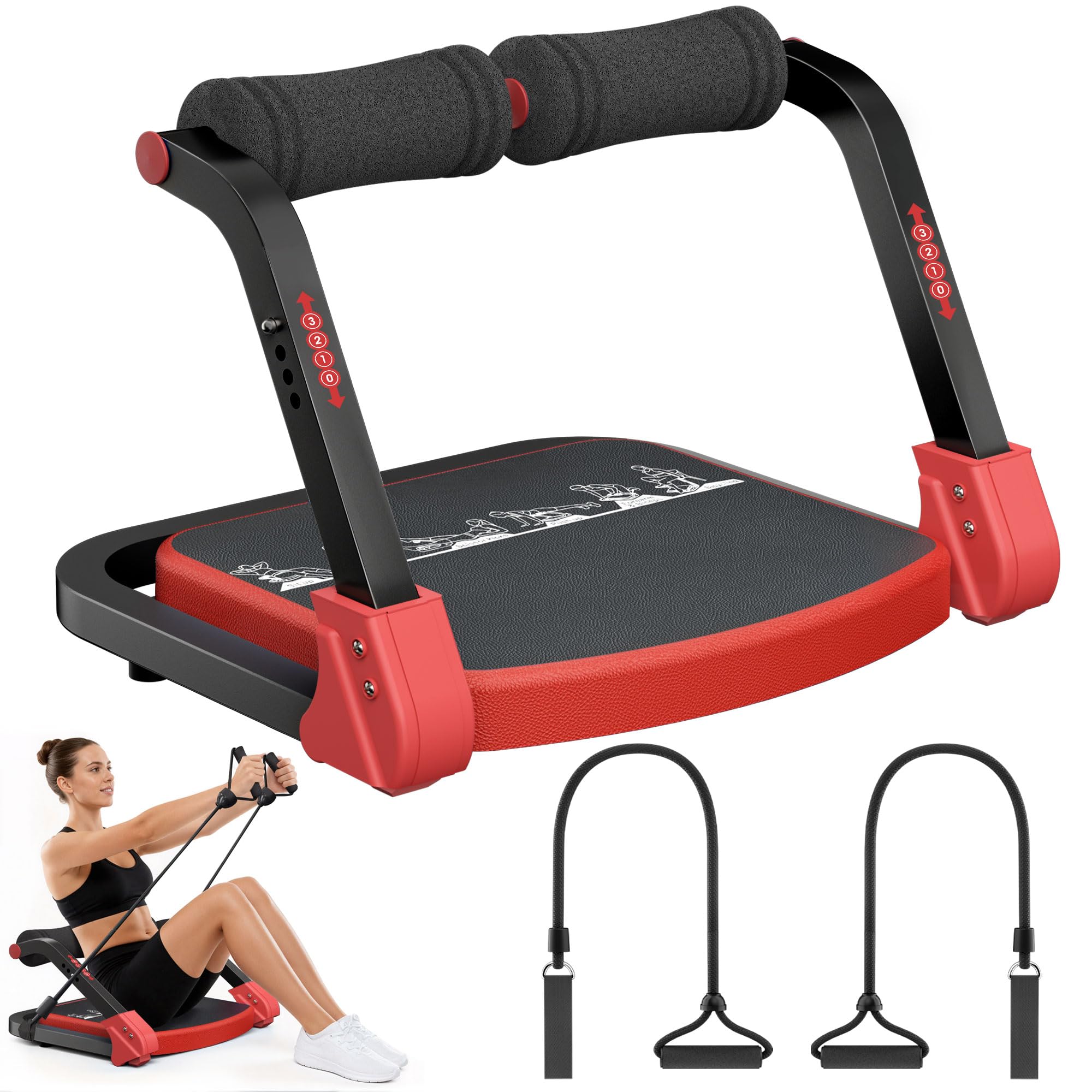 Bauchtrainer, Sit-Up Gerät mit zwei Zugseilen, 4-fach einstellbarer Widerstand, automatischer Rückprall, Ab Trainer für Zuhause und Fitnessstudio