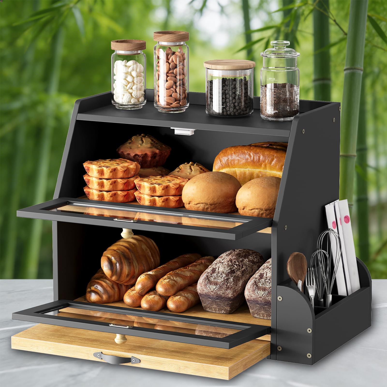HOOBRO 2-stöckiger Brotkasten Bambus mit Schneidebrett und Besteckhalter, Brotbox mit Acryltüren, Brotkorb, Brotaufbewahrung, Brotbehälter für Küche und Esszimmer, Schwarz und Natur EBY23MB01