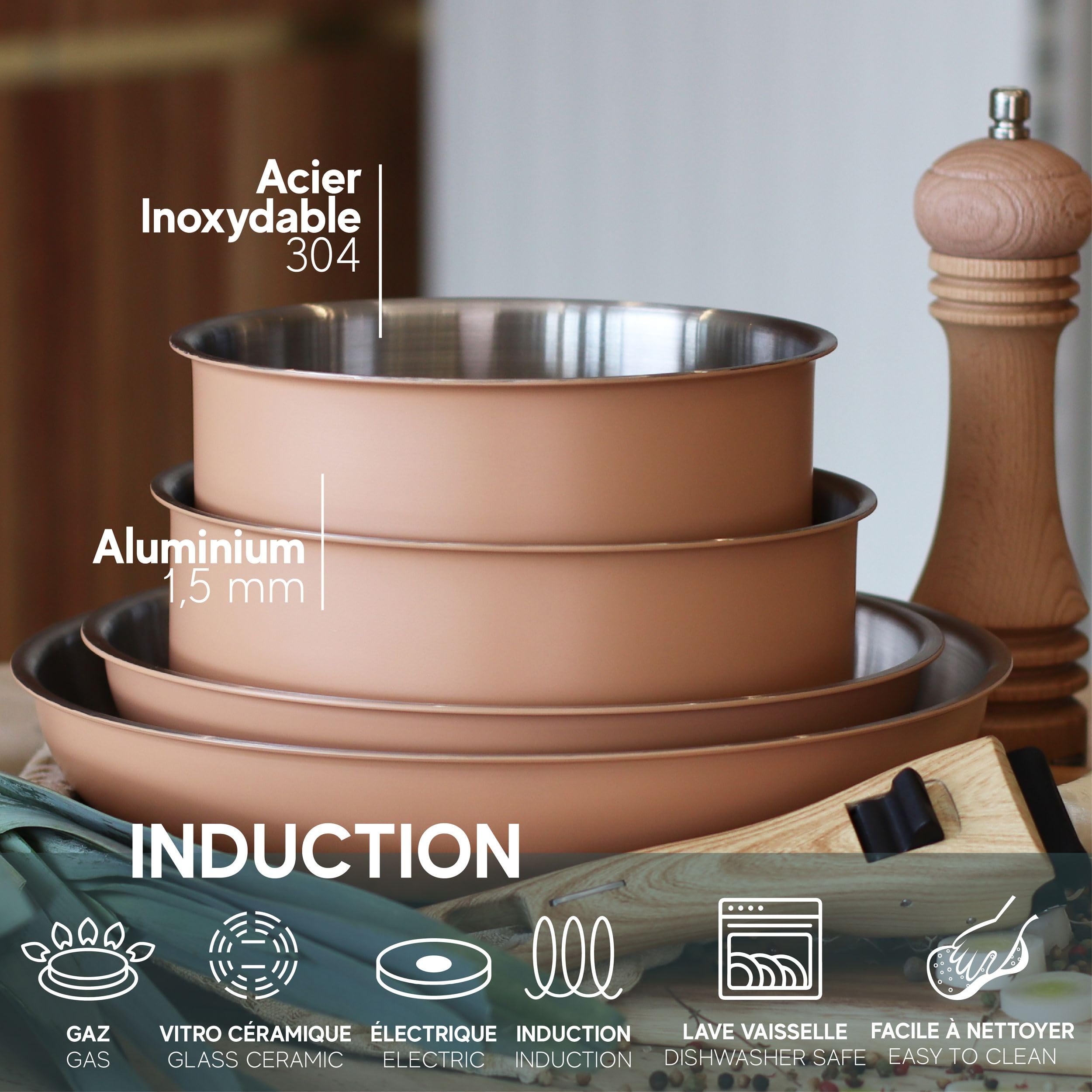 MENASTYL - Batterie de cuisine amovible en inox 18/10 induction 5 pièces Easynox - Acier inoxydable sans accroche - Sans PFAS, sans PTFE - Tous feux dont induction et lave-vaisselle - Corail - 6021016