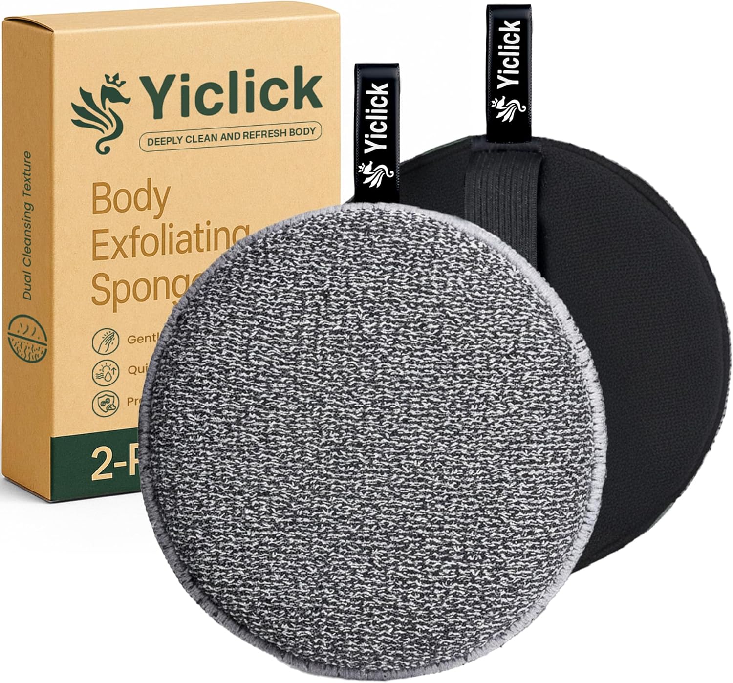 Yiclick Exfoliating Body Scrubber Exfoliator 2 Pack – Exfoliating Sponge, Shower Bath Sponge Loofah with Handle, Body Scrub Lufas Washcloth Net Brush for Women Men, Dead Skin Remover for Body