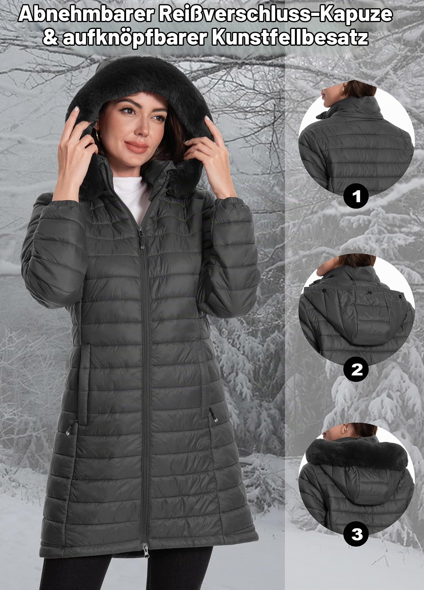 ATLASLAVA Damen Winterjacke Lang Wintermantel Steppjacke Übergangsjacke Daunenjacke Wasserdicht Warm Leichte Kapuze Frauen Winter Mantel Outdoor Dunkelgrau 2XL
