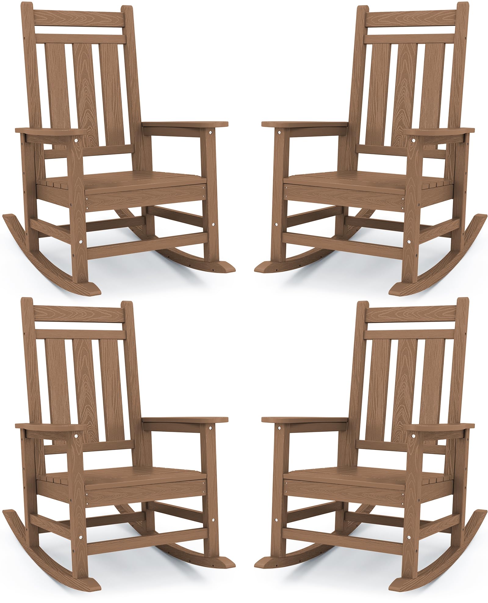 KINGYES Oversized Outdoor Rocking Chair Set of 4, HDPE Patio Rockers, Brown