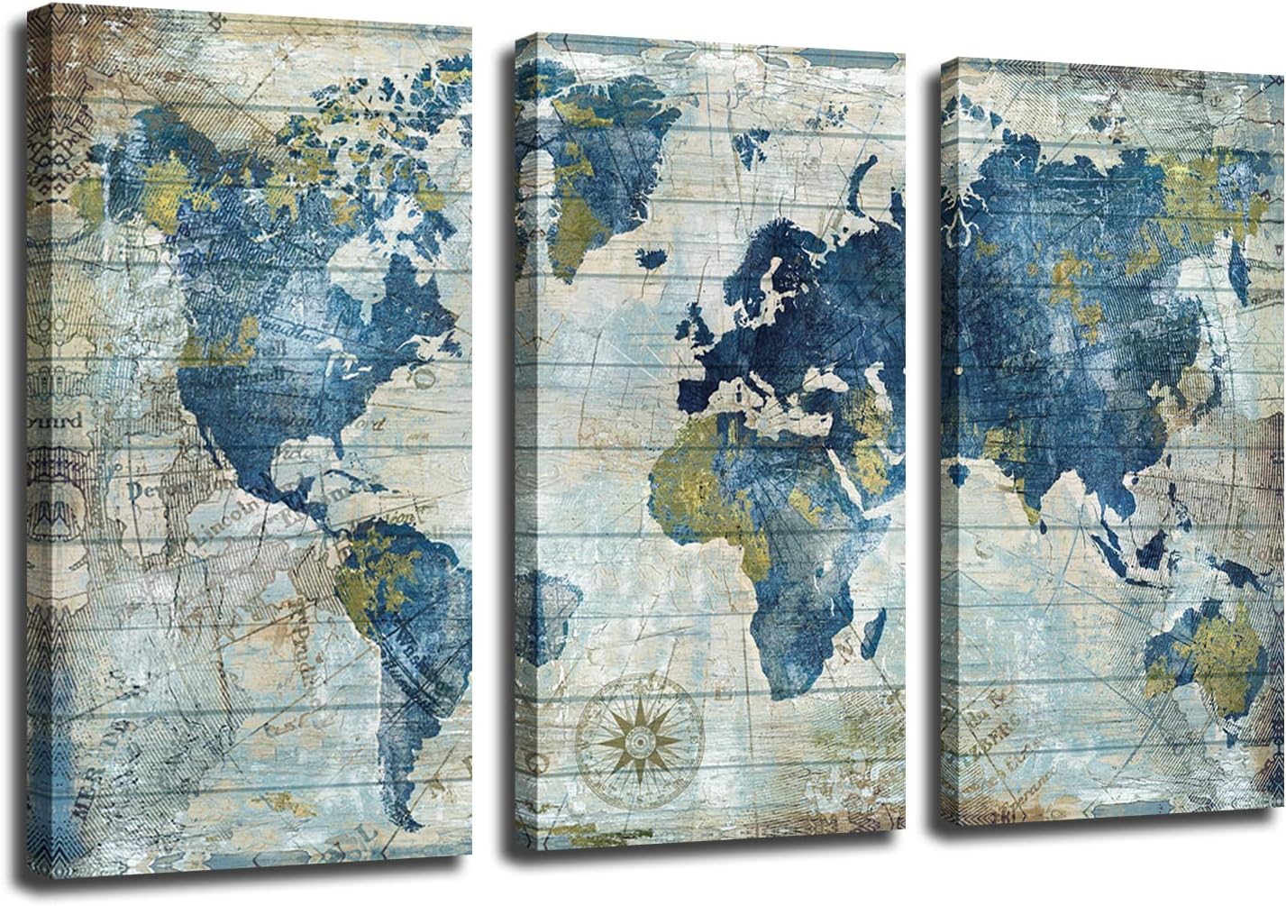 World Map Wall Art for Office Vintage Wood Grain Blue World Map Picture Artwork Decor for Home DecorationModern Nautical Canvas Prints Decor Living Room Bedroom12x36inchesx3