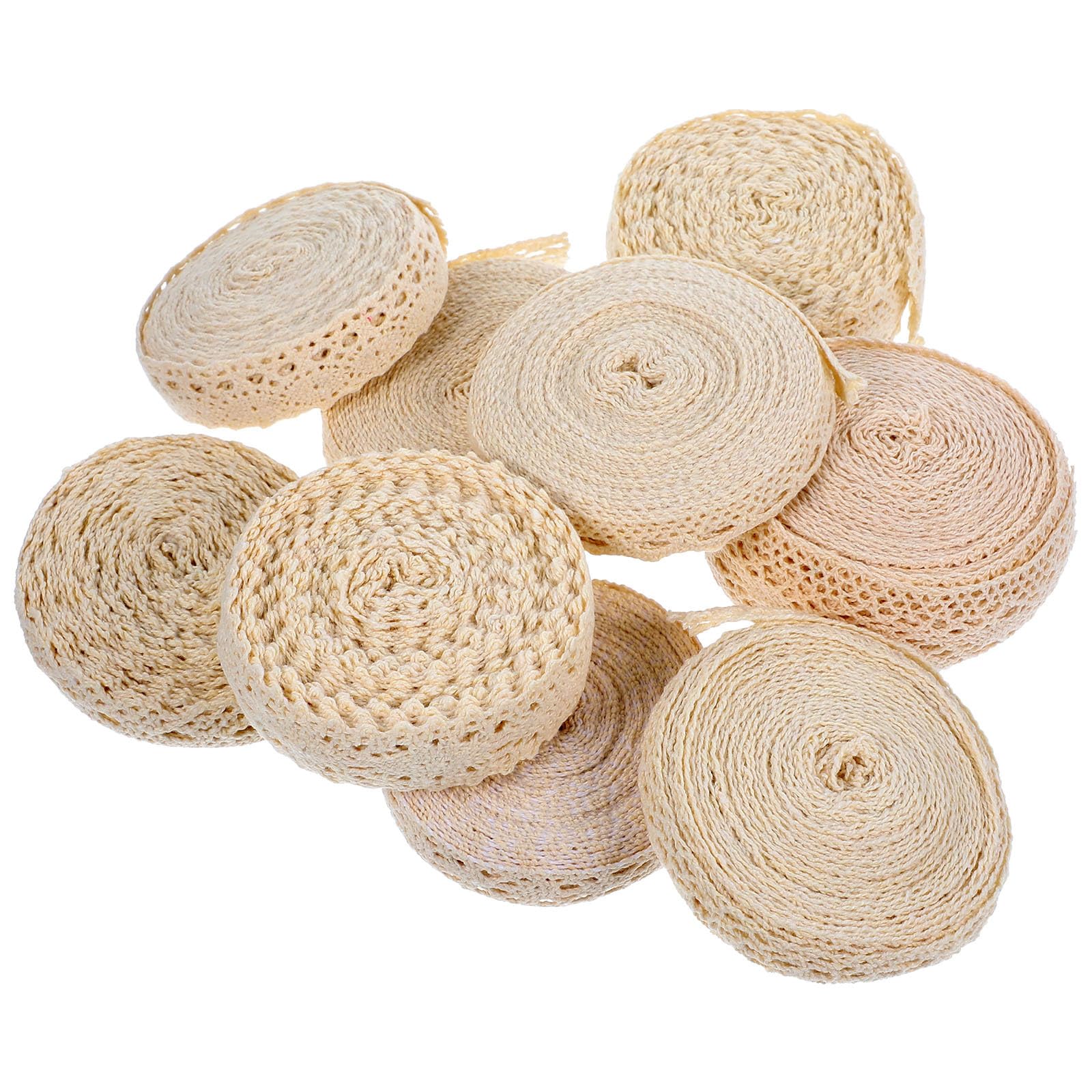9 Rollos de Encaje de Algodón y Estilo Elegante Beige Textura Varios estilos para Costura y para Cortinas y Muñecas Varios estilos