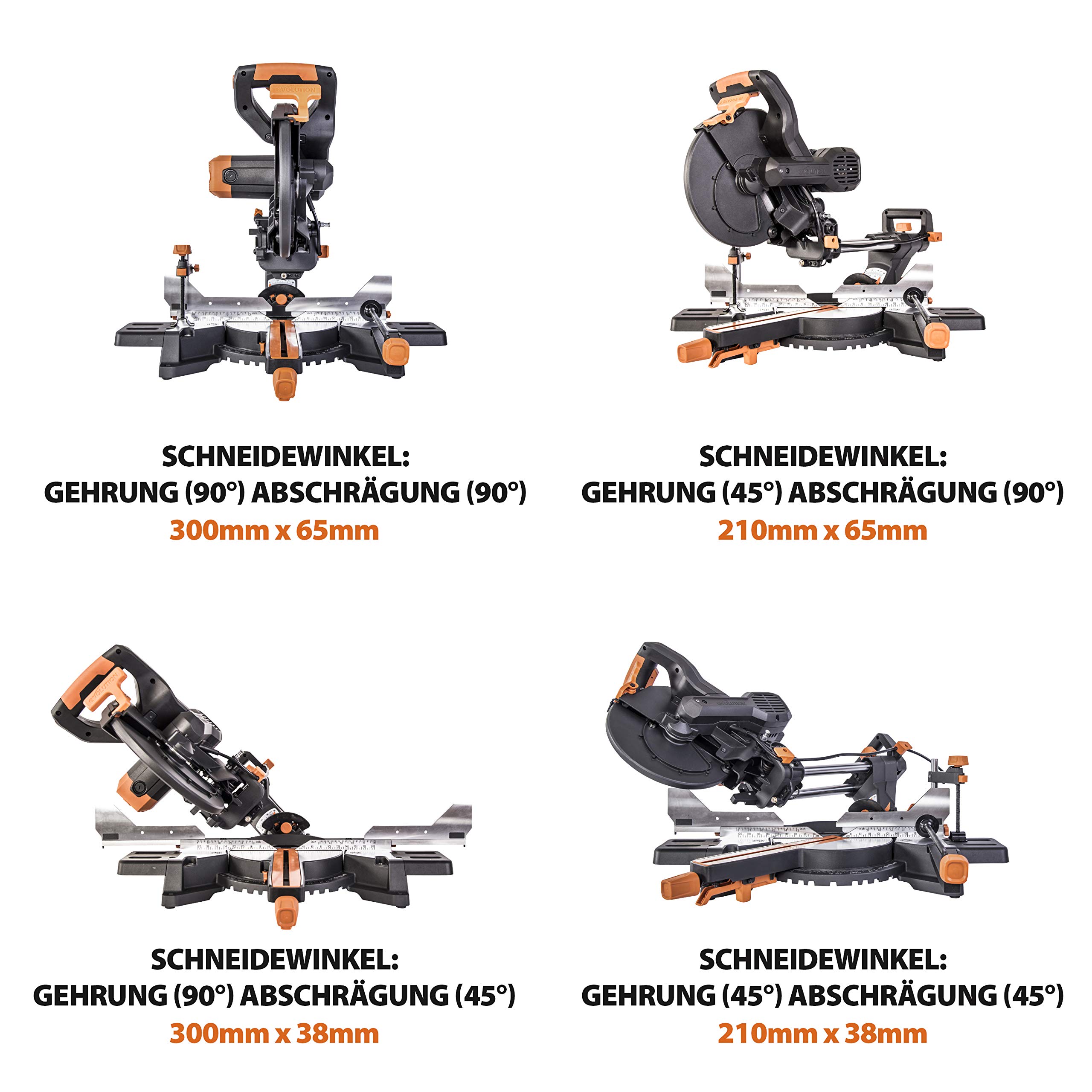 Evolution Schiebe-Kapp- und Gehrungssäge R210SMS-300+ | 1500 W, 300 mm Gleitfunktionalität, Schrägschnitt, Gehrungswinkeln | Ø 210 mm HM TCT Sägeblatt für Multimaterialschnitt | Zug-kapp-gehrungssäge