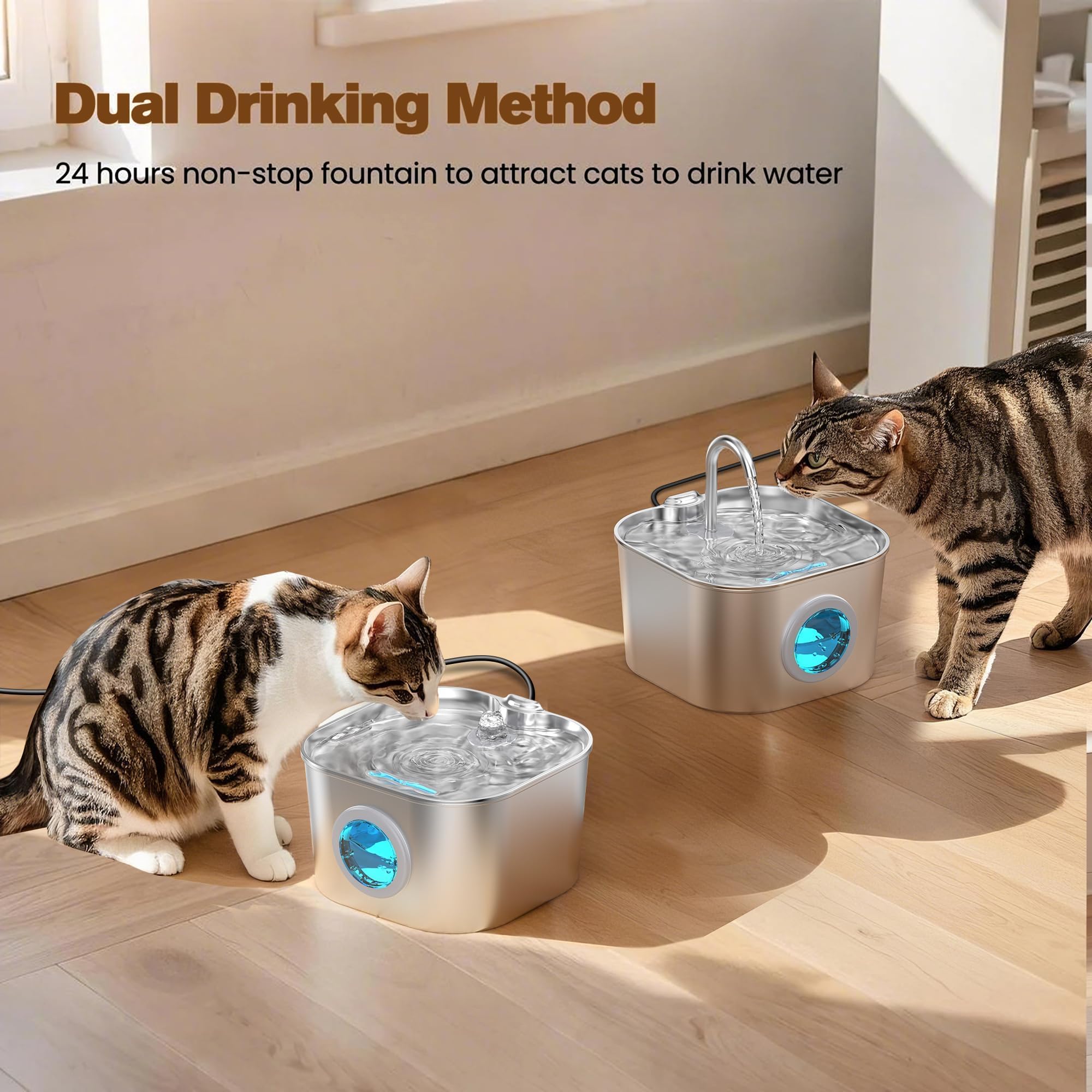 Katzen-Wasserbrunnen mit 8 Filtern + 5 Schwämmen, Kleiner Haustier-Wasserspender für Trinkkatzen, Automatischer Indoor-Metallnapf 24/7 für Laufen und Autos,