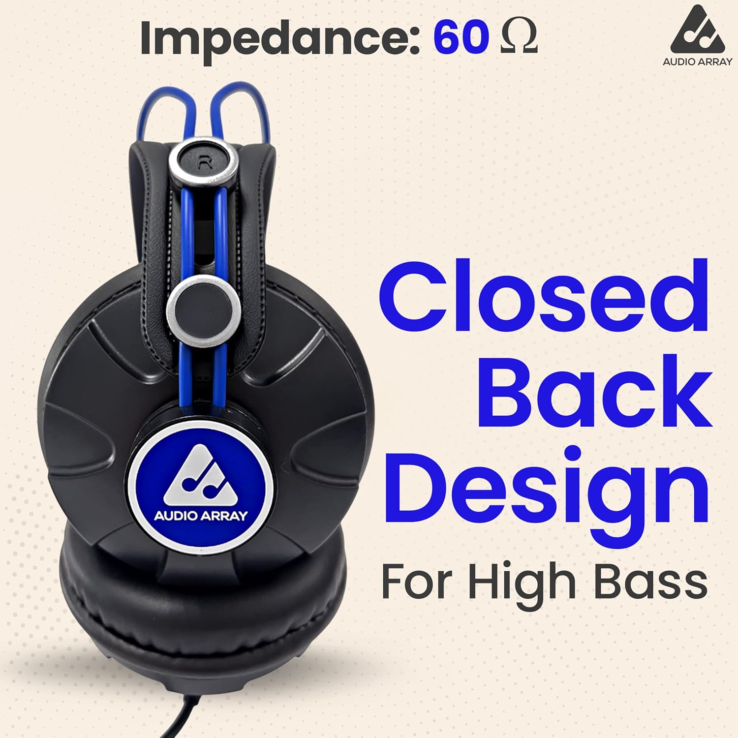 Audio Array AH-60-BL 60 Ohms Impedance Professional Monitoring Headphones | 53mm Drivers | 10Hz–30kHz Frequency Response | Closed-Back, DJ & Studio Use | 3m Cable with 3.5mm & 6.3mm Plugs (Blue)