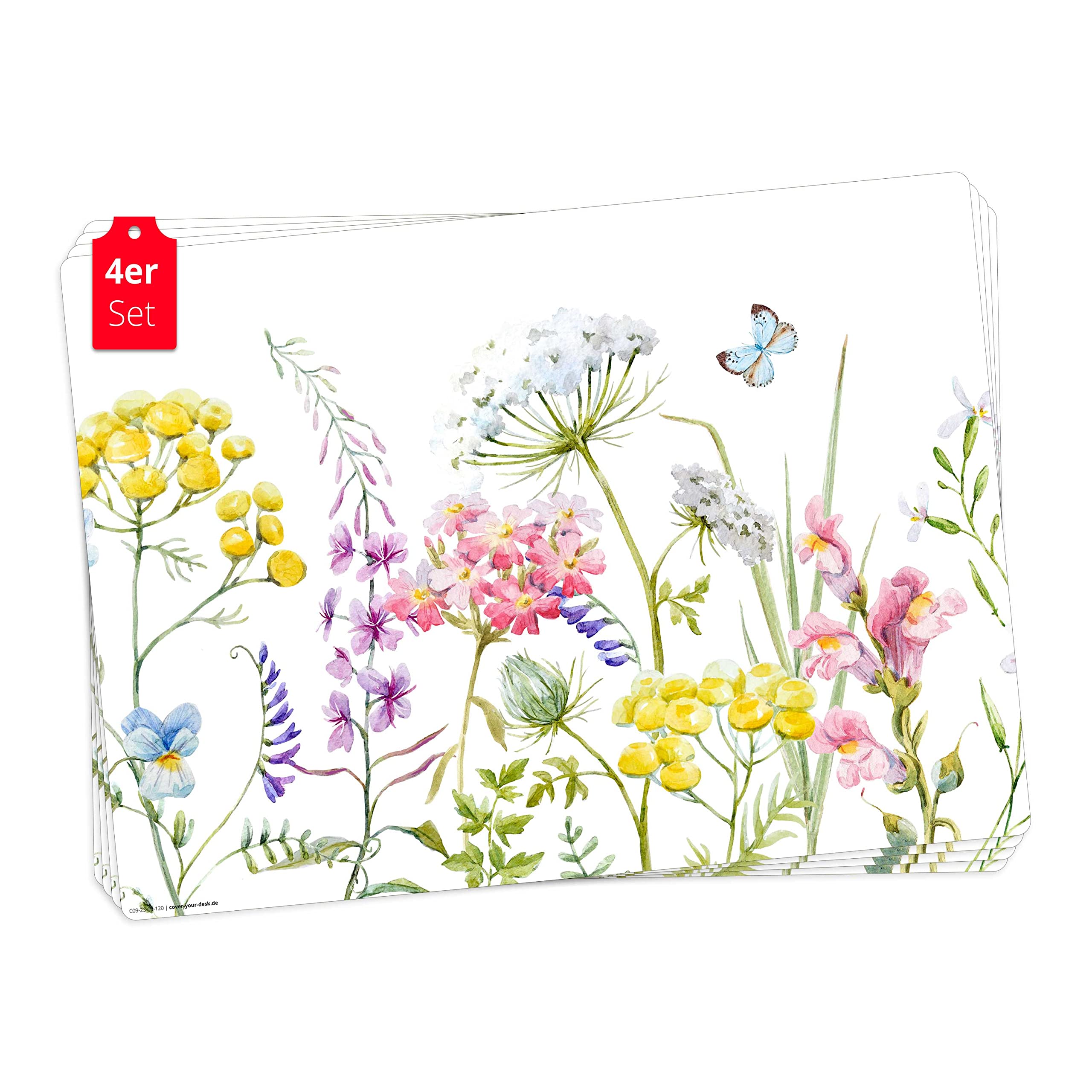 Tischsets | Platzsets abwaschbar – Blumenwiese Aquarell bunt – aus Premium Vinyl (Kunststoff – BPA-frei) - 4 Stück - 44 x 32 cm
