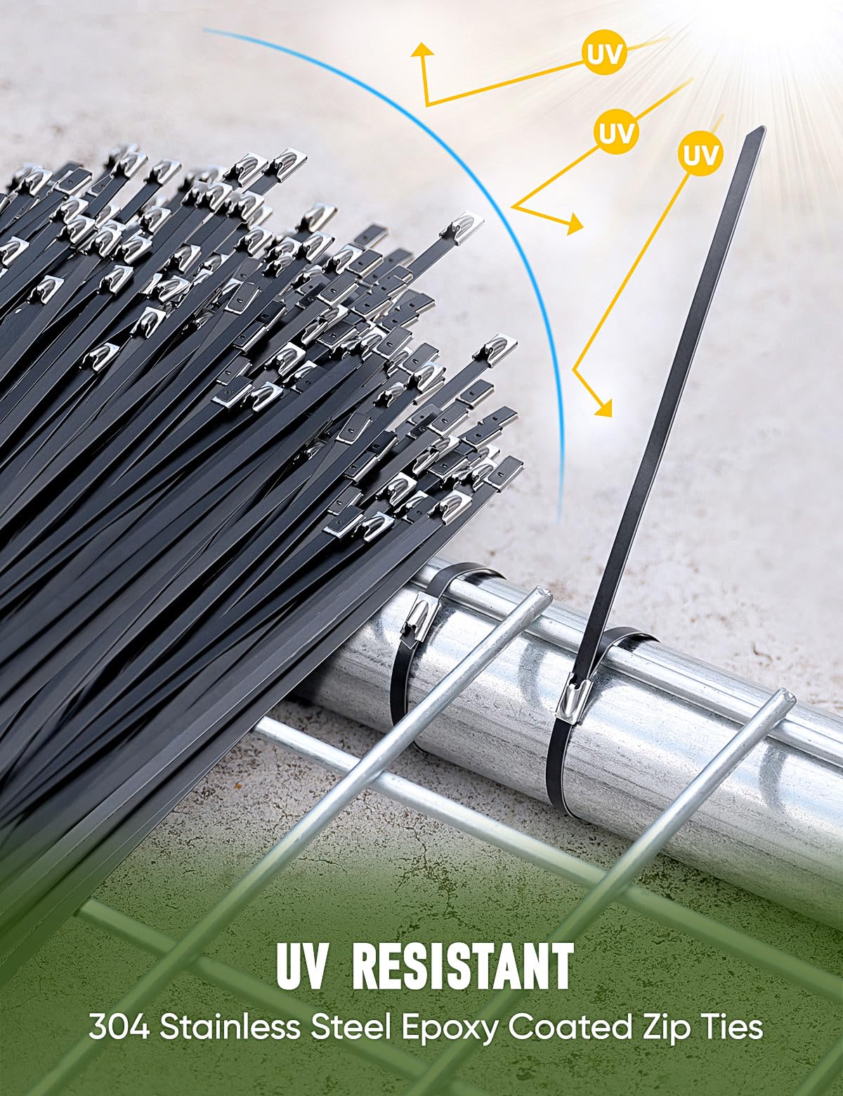 Bridas metálicas negras de 150 piezas de 11.8 pulgadas, con herramientas especiales de fijación y corte, bridas de acero inoxidable multiusos, adecuadas para vehículos, granjas, vallas, agrupación de