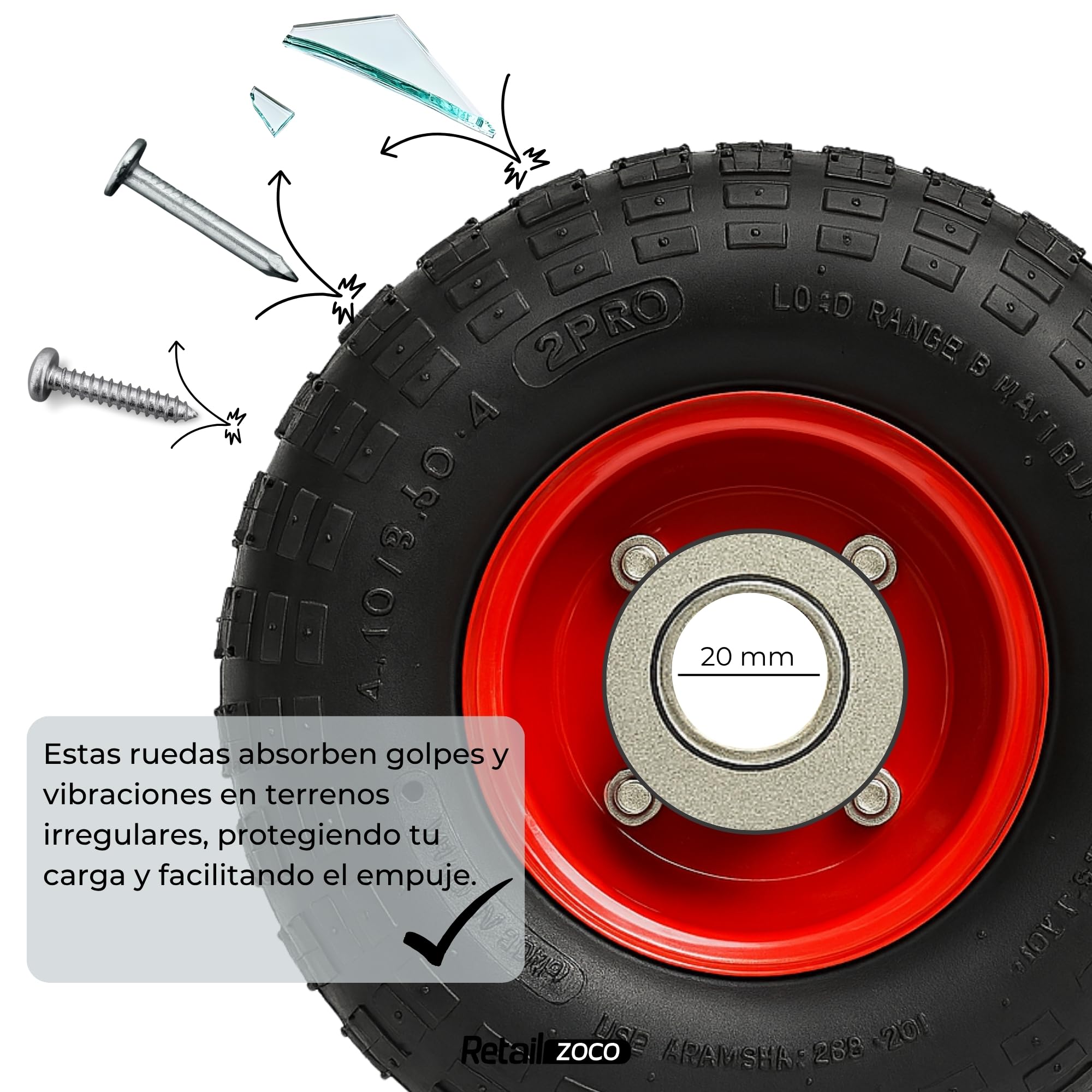 TECHZOCO Ruedas de carretilla inflable, Rueda Carros de Almacén, Rueda neumática, Llanta de Acero, Diámetro 250 mm, Ancho de banda 70 mm, Diámetro buje 20 mm, Soporta hasta 140 Kg, 2 Unidades