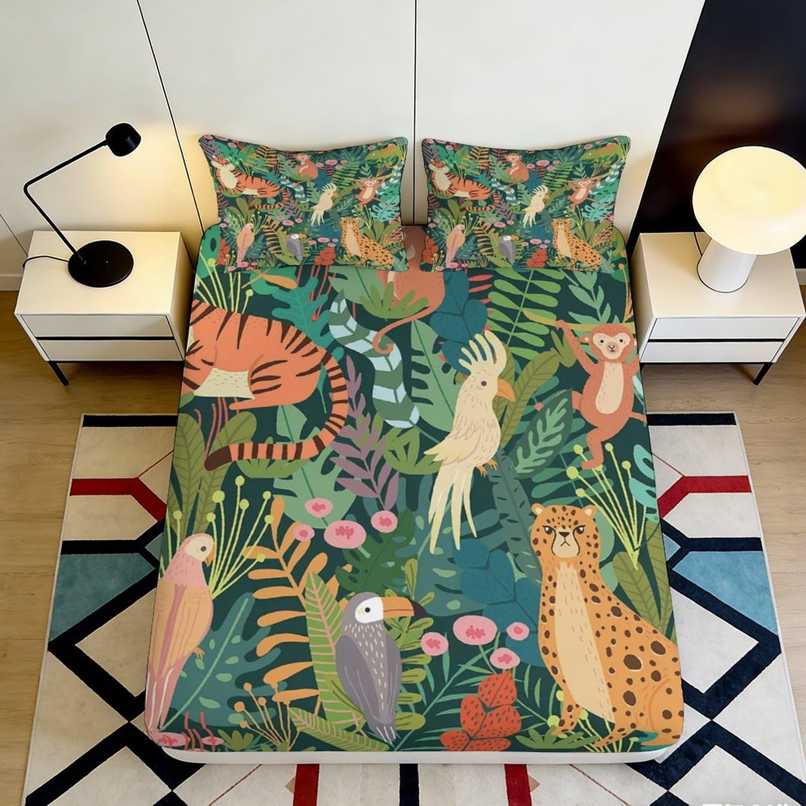 3D Printed Jungle Tiger Fitted Sheet Microfiber Soft Breathable Rainforest Animal Mattress Cover for Bedroom Dorm Decor 160x200x25cm