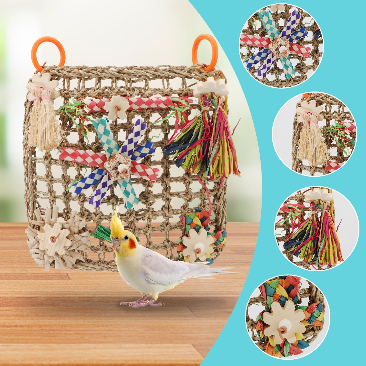 Hypeety Bird Toys Parrot Foraging Toys Bird Chew Toys Parakeet Shredding Seagrass Climbing Mat with Various Toys for Conure, Cockatiel, Lovebird, Parakeet, Budgie (L(Carrot)) - image 3